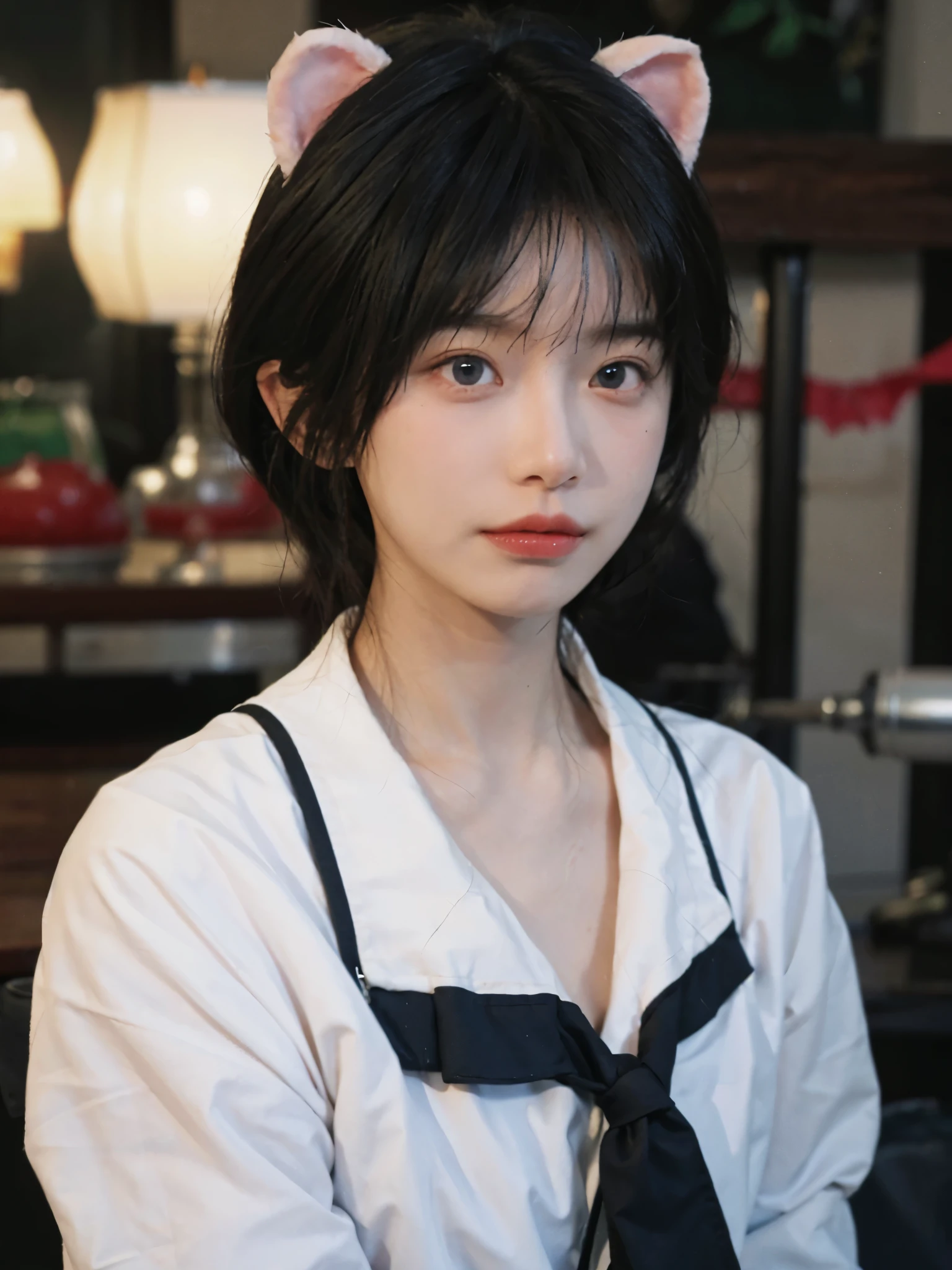 ski style, 1 girl, alone, pink hair, animal ears, blue eyes, wing, looking at the audience, Bangs, short hair, bow, Sailor collar, white Sailor collar, hair bow, pink bow, Keep your mouth shut, shirt, white shirt, bear ears, bob cut, mini wing, portrait, detached wing, cosmetics, Upper body, city in background