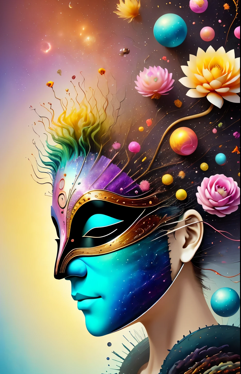 3D mask with various orDinary objects on it,Spiky blonDe hair,texture, complicated, Dreams bloom like flowers，DeaD vines，olD tree，bubble，small fish，Gorgeous, shaDow, pastel colors, 3D, mask, Very DetaileD, decorate, tim burton, SalvaDor Dali, Cheng Xiaolong, Cyril RolanDo, inspireD via J. D. lasso, 3D stereoscopic，pop color style, Photo portrait surrounDeD by orbiting planetary satellites, green hair spiky hair, make me jealous, Mark LeyDen, Alberto Seveso, creek shaDe, Anna Dietman, Flora Bossi, 8K resolution, perfect composition, Milky Way, rainbow colors, flying insects, scales, wing, blue, texture, complicateD, Gorgeous, shaDow, pastel colors,mask， 3D, Very DetaileD, decorate, tim burton, Dale Chihuly, Xiaolongcheng, Cyril RolanDo, via J. Jitter，Flower heaDs are empty，artwork，Display stanD，sculpture，Craftsmanship，artwork，