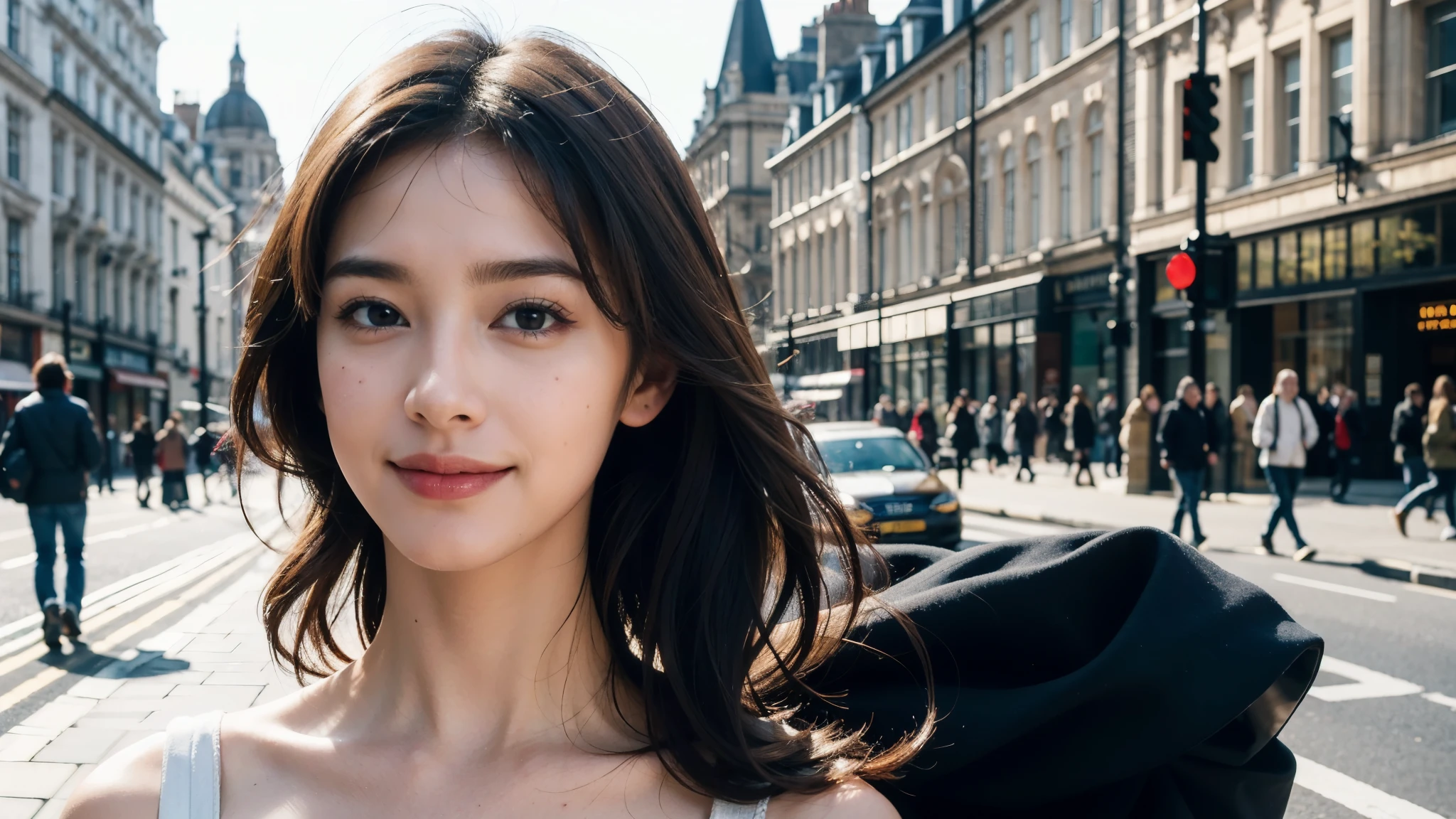 masterpiece, Best Quality, Photorealistic, Ultra-detailed, finely detailed, High resolution, 8K Wallpaper, 1 beautiful woman, light brown hair, sharp focus, Perfect dynamic composition, Beautiful detailed eyes, detailed hairs, Detailed realistic skin texture, Smiling, portrait, Model body type, Take a walk on the street of London,