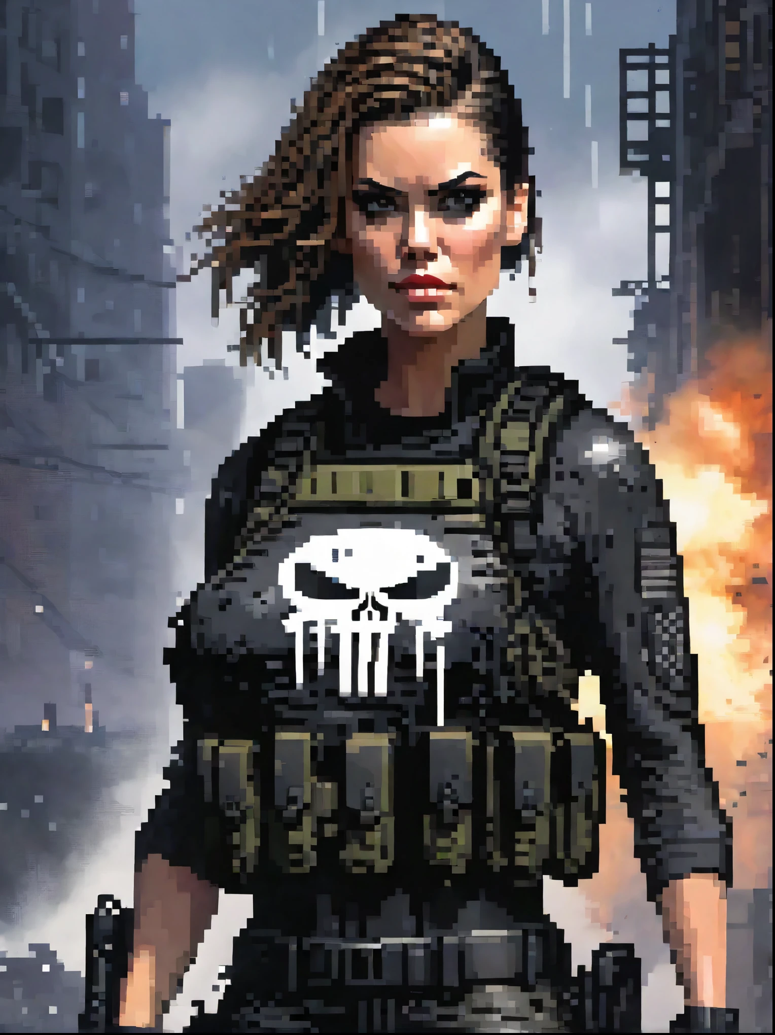 realistic, (ohwx), Lauren Cohan as Punisher, Punisher outfit, female Bulletproof vest, wet and sweaty hair, combed back, face painted black around the eyes, shoulderless crop top, women's bulletproof vest, gray spray-painted Punisher logo on the vest, slightly worn and worn, dirty, injured, angry, revenge, dynamic pose, militarny Black trousers, militarny high shous, Black makeup around eyes, dark photo, dark outfit, dangerous and sexy, military knives, guns, automatic rifle, dark scenery and background, imersive background, raw photo, 8k, very detailed, cinematic, Pixel art