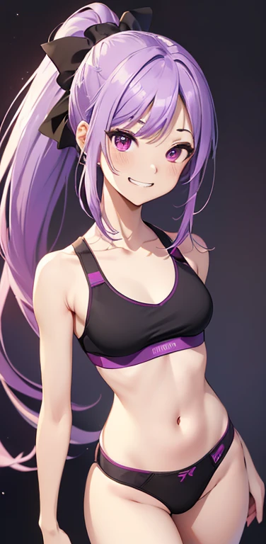 (8K、highest quality、masterpiece:1.2)、anime coloring、super resolution、Realistic、(1girl) 、(purple, white gradient hair,ponytail)、(contrapposto),long straight hair,(red eye),(forehead:1.2),(face focus,upper body),(black sports bra:1.3,string panties :1.3)、(grin:1.3),(cute face)、,(flat chest),gradient background、(slender:1.3)、
