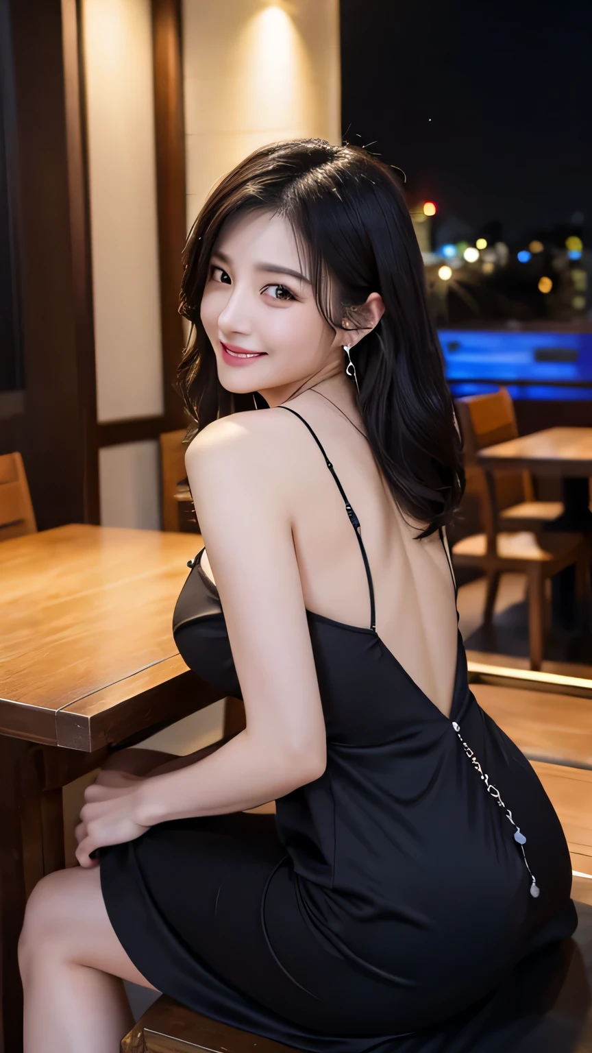 highest quality, Photoreal, finely, High resolution, 8k wallpaper, perfect dynamic composition, beautiful and detailed eyes, black hair、big and full breasts、random sexy pose、chest to chest、(Breast bulge 1.3)、laughter、(droopy eyes 1.4)、adult beauty、Japanese、look at the person taking the photo、midnight, beautiful and detailed sky, Detailed cafe, sitting, Floating hair NovaFrogStyle, open back dress、necklace、earrings