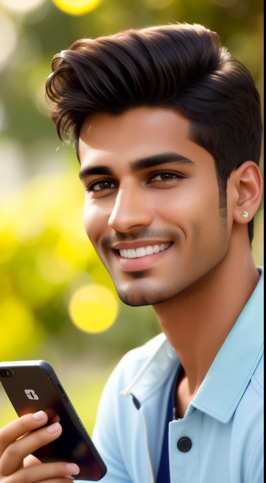 (highres,best quality:1.2),portrait,smiling young indian 20 y. o. man looking at smartphone camera,boat headphone,eye-catching expression,stylish haircut,youthful appearance,modern clothing,confident gaze,piercing eyes,meticulously detailed face,slightly raised eyebrow,facial hair(detail:1.1),strong jawline,dazzling smile,warm and friendly atmosphere,shallow depth of field,dreamy bokeh effect,vibrant colors,soft and natural lighting,studio setup