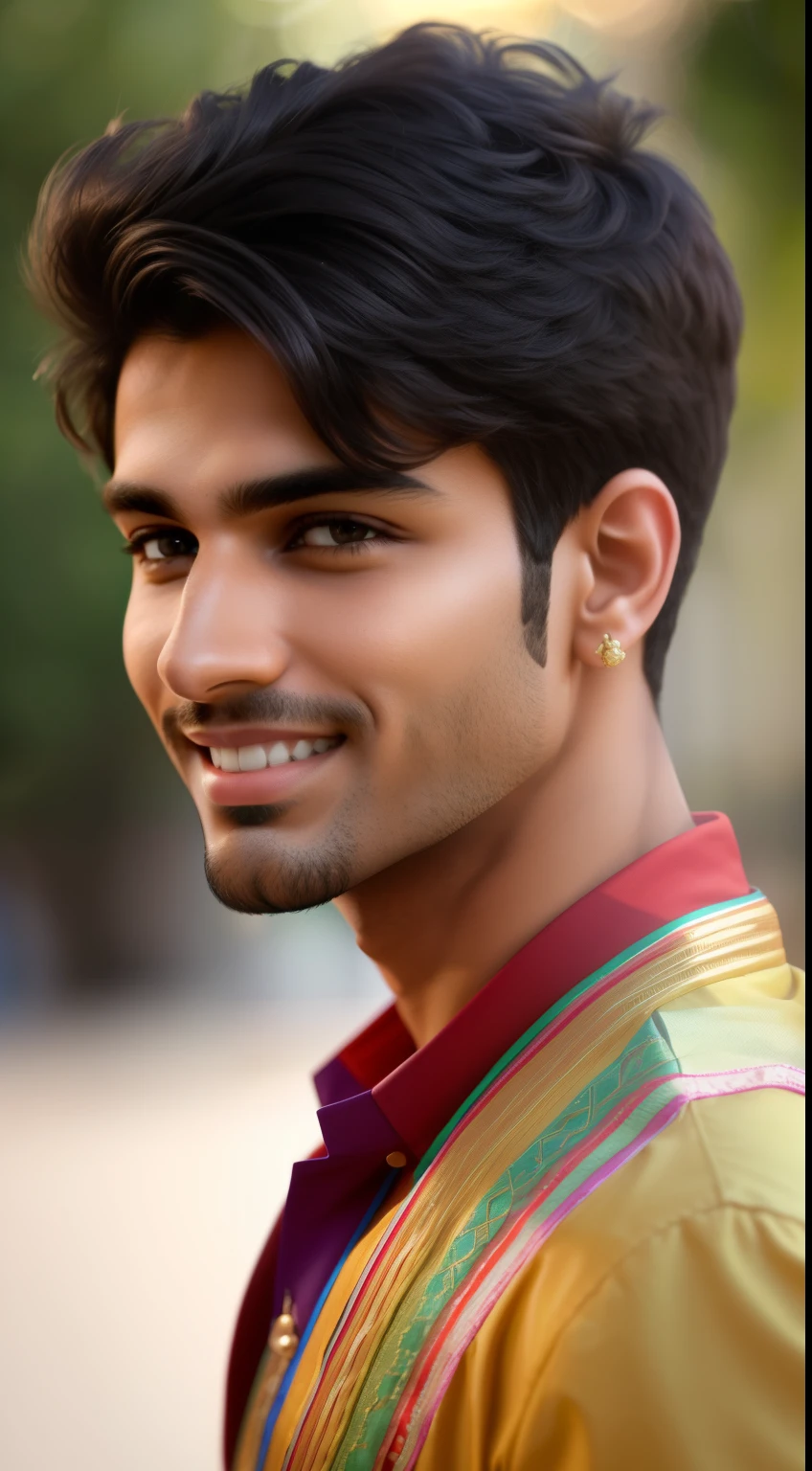(highres,best quality:1.2),portrait,smiling young indian 20 y. o. man looking at smartphone camera,boat headphone,eye-catching expression,stylish haircut,youthful appearance,modern clothing,confident gaze,piercing eyes,meticulously detailed face,slightly raised eyebrow,facial hair(detail:1.1),strong jawline,dazzling smile,warm and friendly atmosphere,shallow depth of field,dreamy bokeh effect,vibrant colors,soft and natural lighting,studio setup