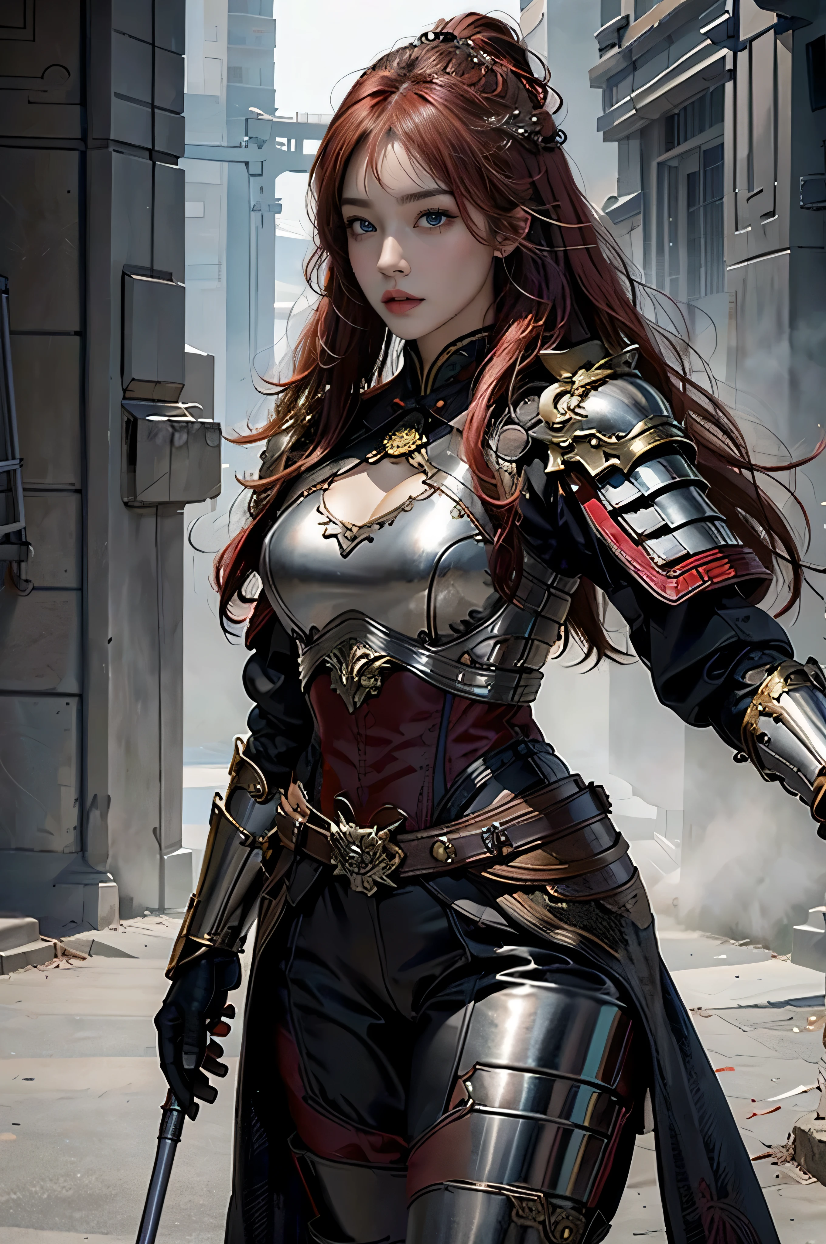 photorealistic, high resolution, soft light,1women, solo, hips up, shining skin, (detailed face), Chinese armor, full armor, scarlet hair , seduce pose,standback show her butt