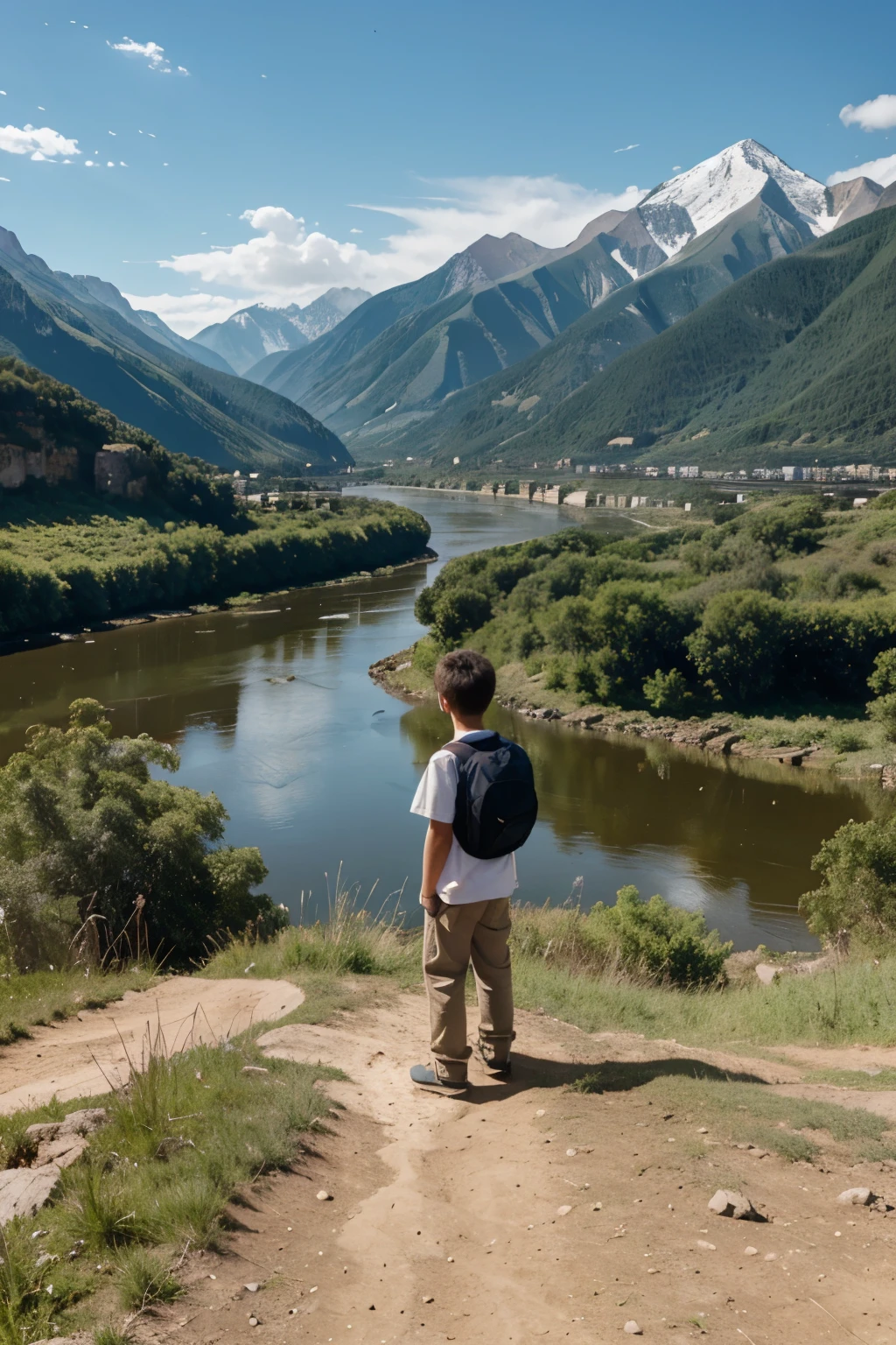 Boy standing on a slope. Spacious landscape in the background, filled with vegetation, river and mountains.
