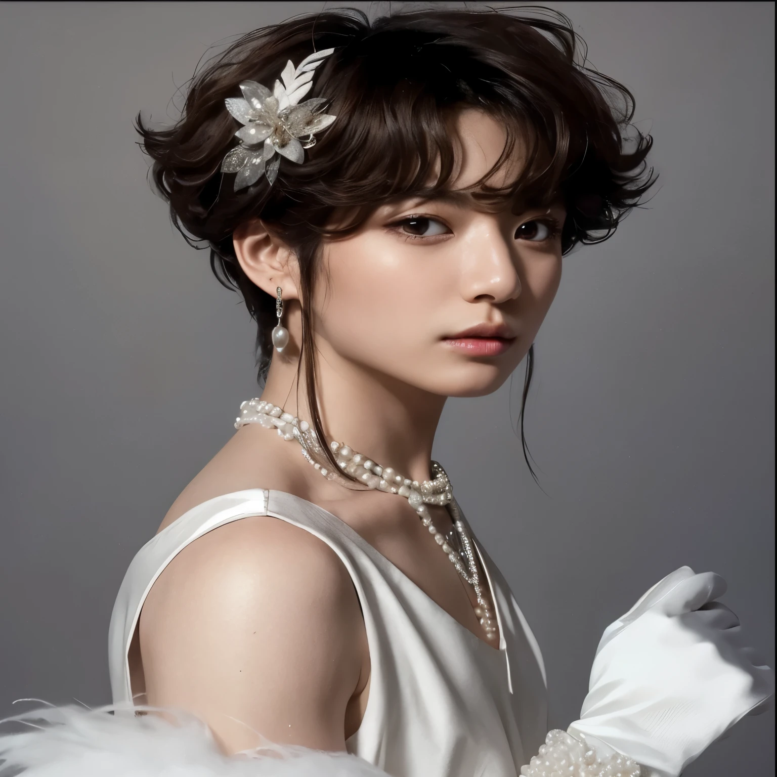 mulher arafa em um vestido branco com uma peruca perolada, com cabelo curto, taejune kim, Heonhwa Choe, delicate androgynous prince, Jinna Zhang, Kim Hyun Joo, retrato editorial, por Ayami Kojima, julia sarda, por Hiro Yamagata, Jinyoung Shin, handsome androgynous prince, symetrical japanese pearl
