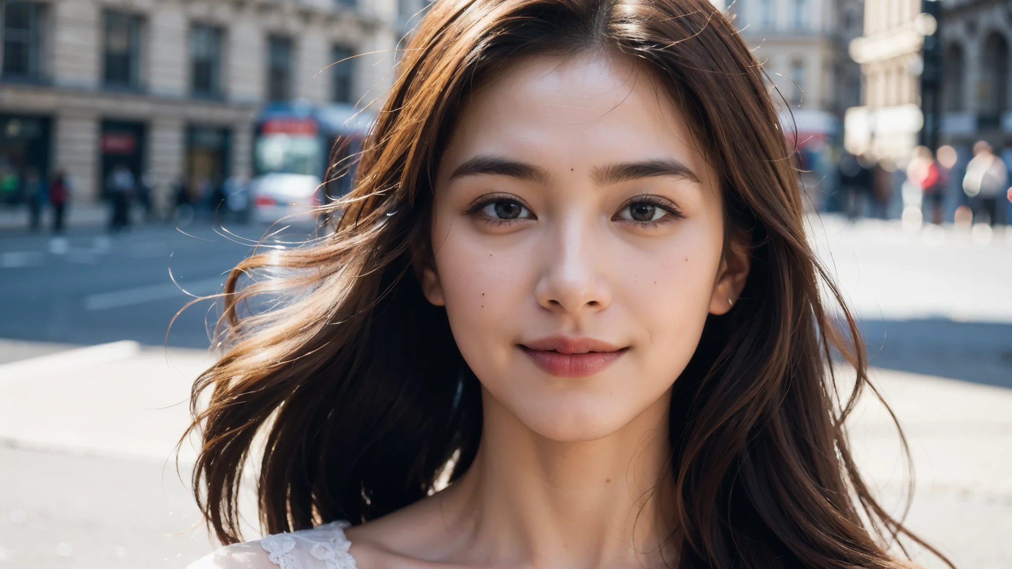 masterpiece, Best Quality, Photorealistic, Ultra-detailed, finely detailed, High resolution, 8K Wallpaper, 1 beautiful woman, light brown hair, sharp focus, Perfect dynamic composition, Beautiful detailed eyes, detailed hairs, Detailed realistic skin texture, Smiling, portrait, Model body type, Take a walk on the street of London,