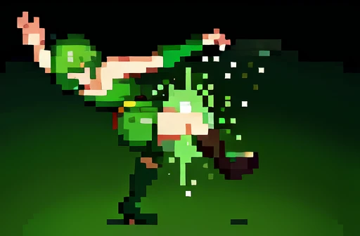 1girl, female wizard, falling over backwards, from behind, green robes, short green hair, dynamic pose, naturemagic, magical energy, fantasy, dark green leather boots, green jeans, green singletvtop, sparks of green magic drifting away, pixel art, 8bit