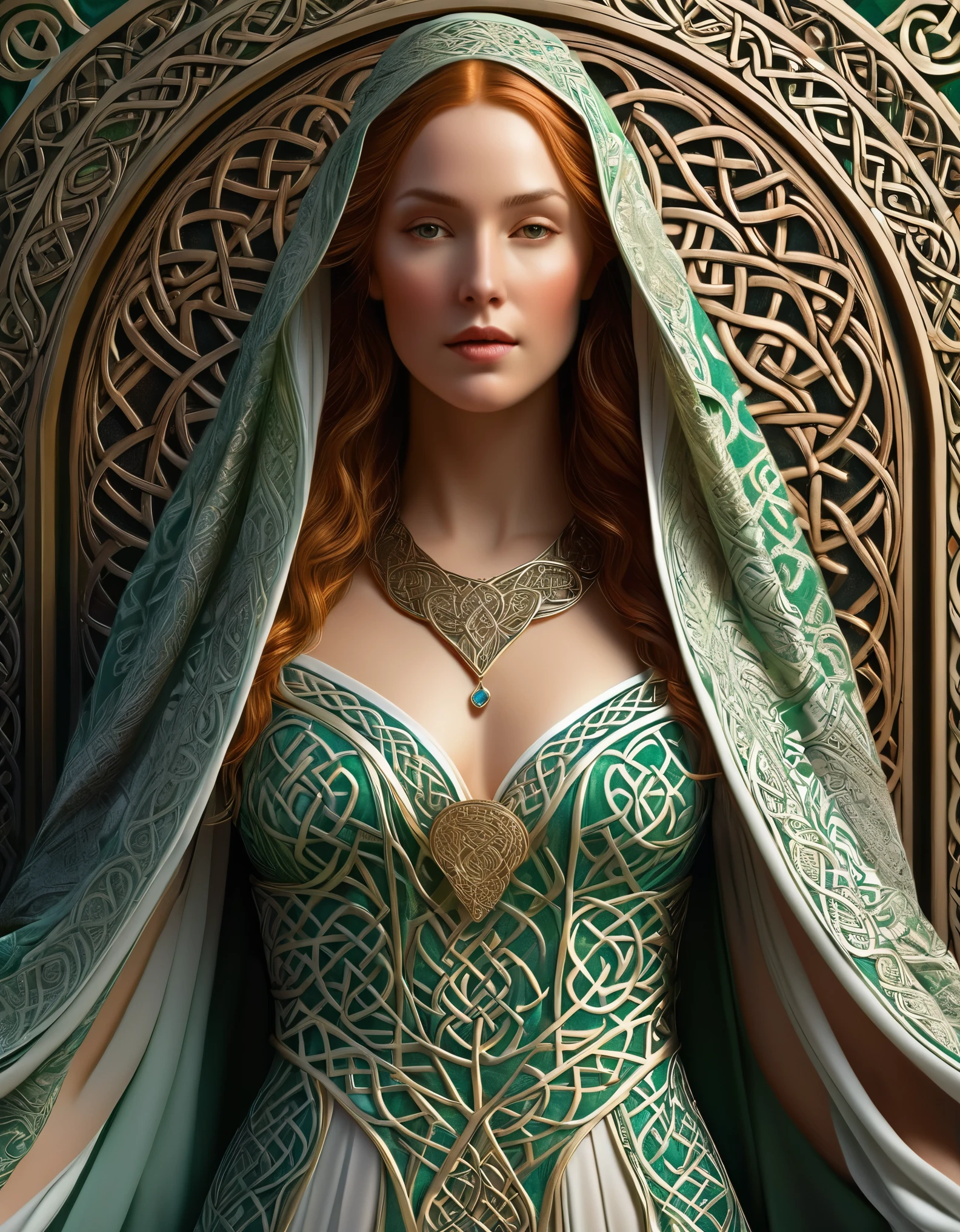 A mystical female figure, draped in flowing robes, with intricate Celtic patterns adorning her attire. Rendered in a realistic hyper-detailed style, with a touch of ethereal glow, reminiscent of Renaissance portraiture.