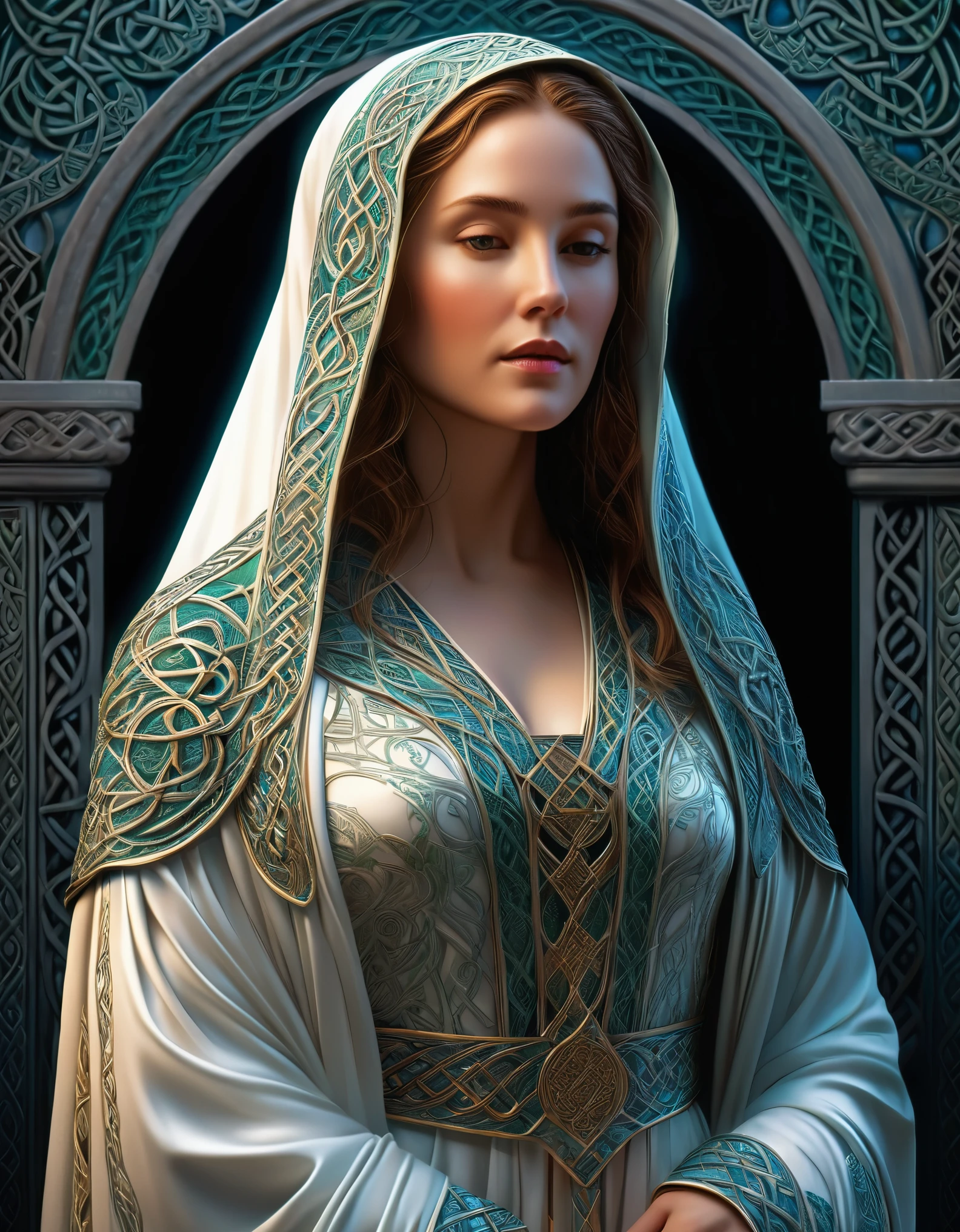 A mystical female figure, draped in flowing robes, with intricate Celtic patterns adorning her attire. Rendered in a realistic hyper-detailed style, with a touch of ethereal glow, reminiscent of Renaissance portraiture.