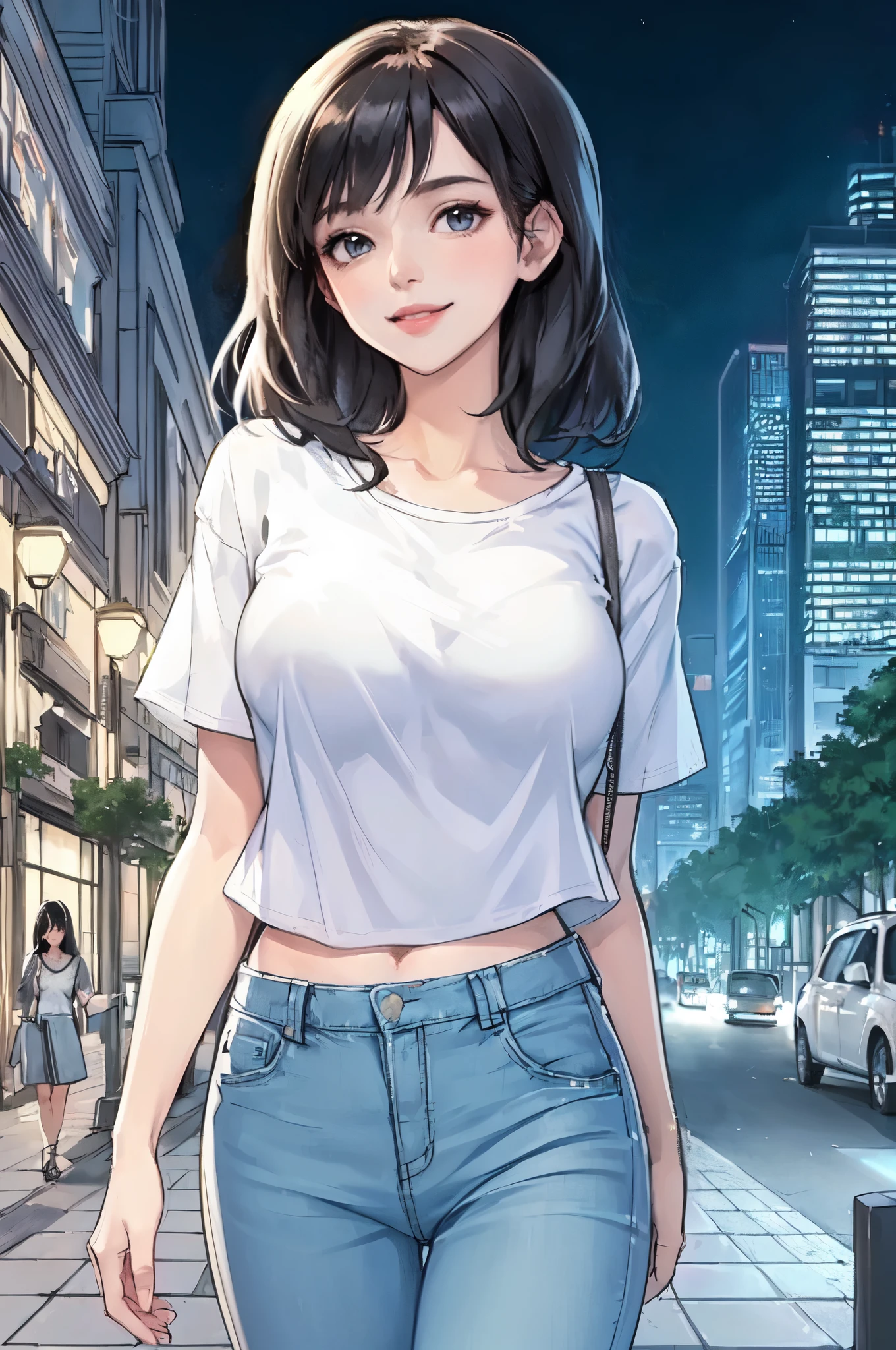 1lady solo, (strolling through city), (short white T-shirt:1.2) stylish (denim pants), mature female, /(black hair/), kind smile, (masterpiece best quality:1.2) delicate illustration ultra-detailed, large breasts BREAK (holding designer's bag) BREAK (luxurious downtown street) outdoors, night, cityscape, detailed background