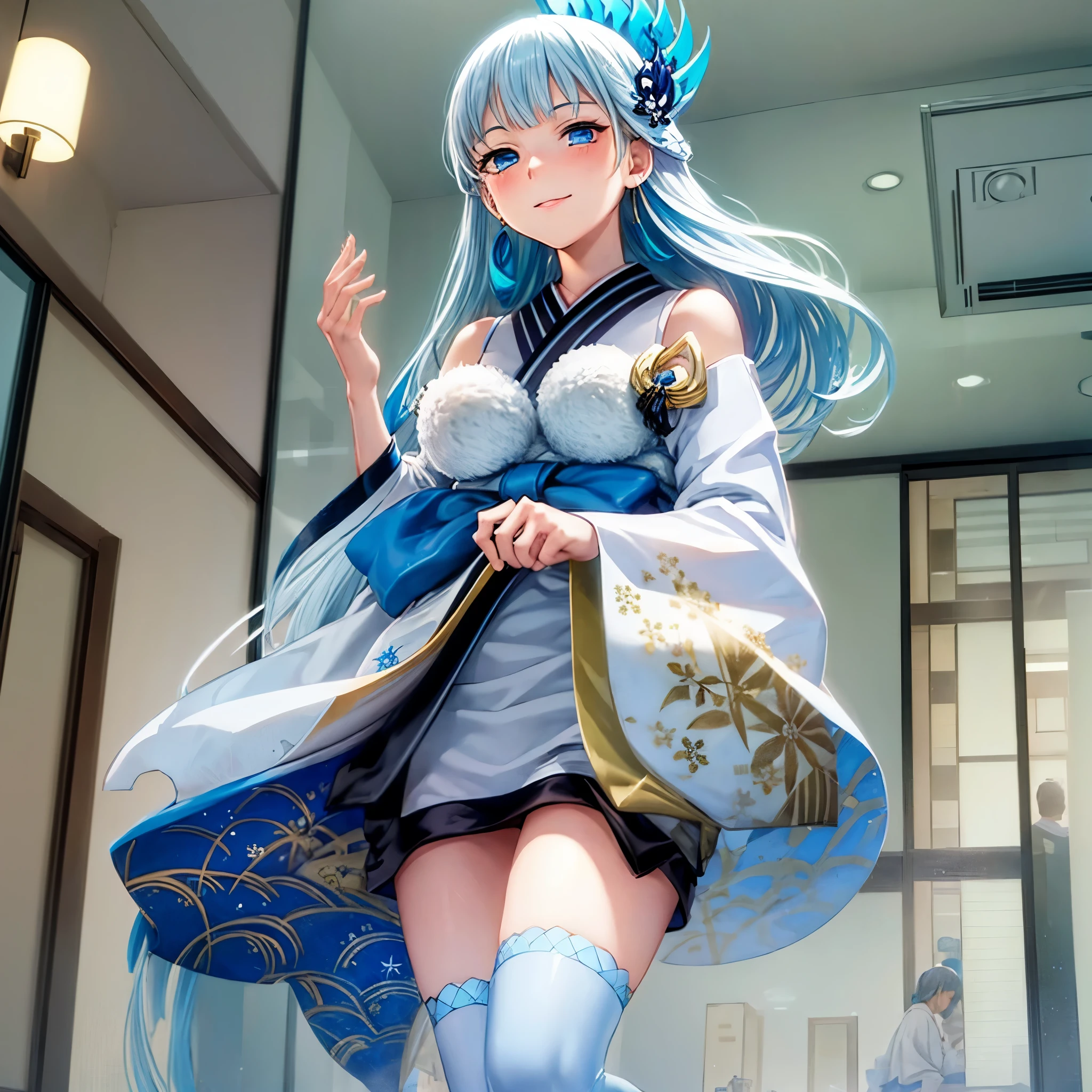 kawaii、Anime style、jpn、Staring at this、fleeting、masterpiece、vivid、kimono、a smile, ,1girl, japanese kimono, bare shoulder, light blue hair, extremely long hair, blue eyes, hair ornament, blue ribbon, blue earring