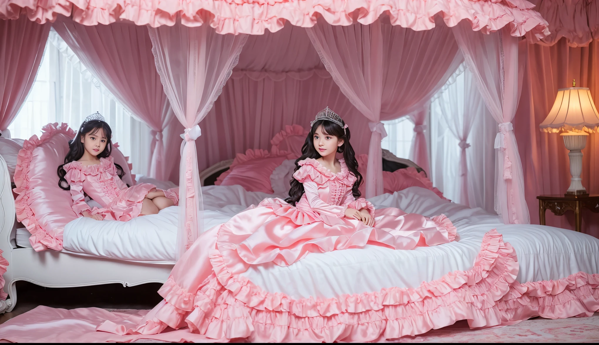 ,highest quality, masterpiece, highest resolution, artwork, super それにget used to it, many get used to it, get used to it, それにget used to it, 3K realistic photos,,((10 year old s)),Super detailed baby face,both are princesses,detailed luxury tiara,Full length ball gown dress with hoop skirt,ruffle yoke collar,Detailed braided ribbon at chest,puff sleeves,long sleeve,((lolita stylt pink princess satin dress、Comes with lots of frills and ribbons。)),crazy'colorful fashion,shiny silk satin dress,soft and smooth silk satin fabric,luxury,Very long blonde hair,blue eyes,white skin european,pajamas,((inside the palace)),Princess dancing happily,gorgeous flowing dress,fine white frills and lace,Super long hair that is as tall as your body,white long socks,drawers with lots of frills,castle bedroom at night,Super long flowing hair,on the bed,豪華な天蓋付きon the bed,巨大な広いon the bed,Pink pillow with lots of frills,Silk satin pink curtains with luxurious ruffles and ribbons surround the bed,princess sitting on bed,Pillows piled up behind the princess,Long hair scattered like a fan on the bed,(((Both legs are completely hidden inside the dress))),((((round futon)))),((((A large futon with frills that covers the entire bed)))),detailed comforter,Detailed bed sheets,