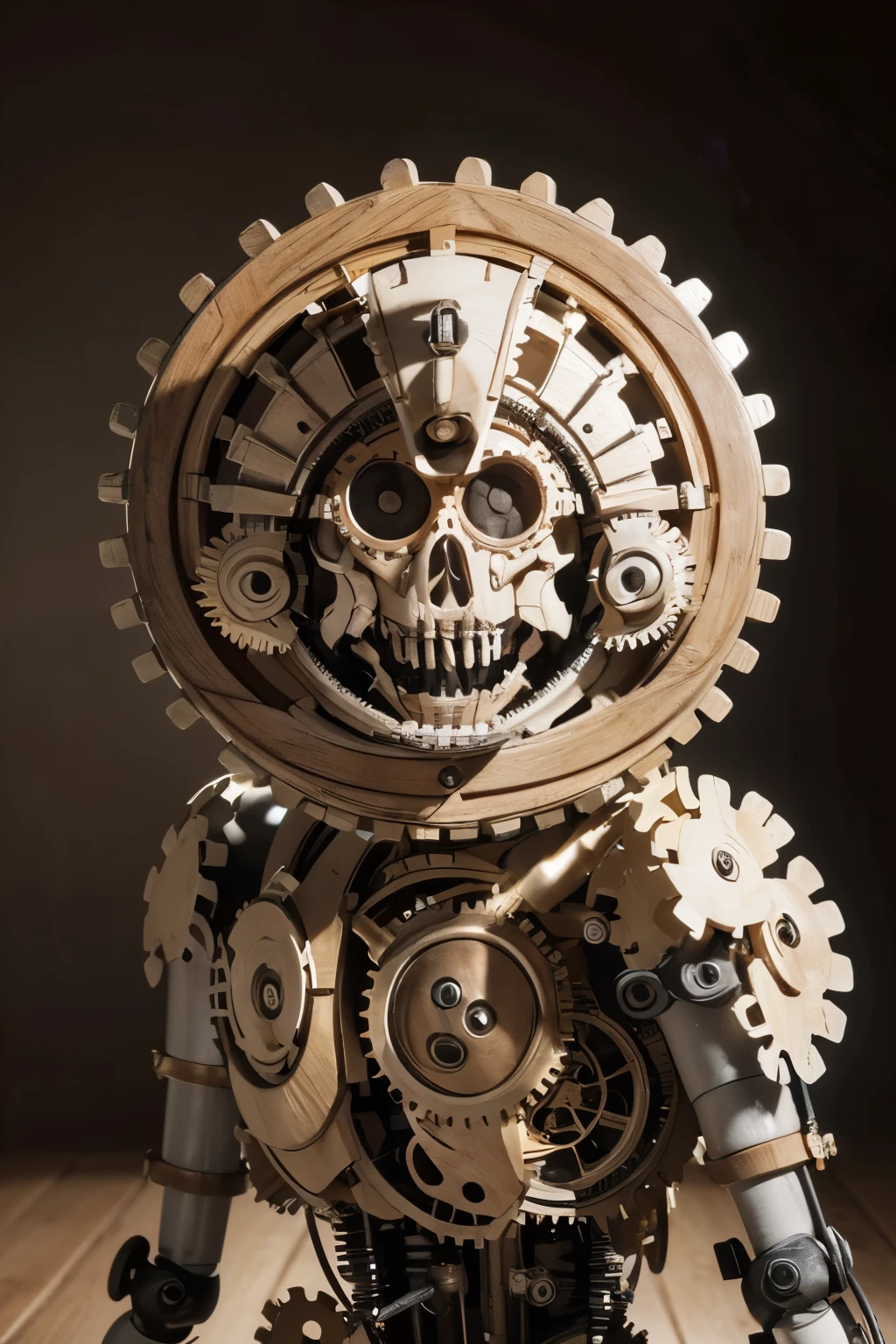 ((Obra maestra, of the highest quality, Maximum image quality, high resolution, fotorrealista, foto cruda, 8K)), mechanical puppet, Its body is made of gears and a wooden frame.. Fondo blanco, Un laboratorio en blanco, 