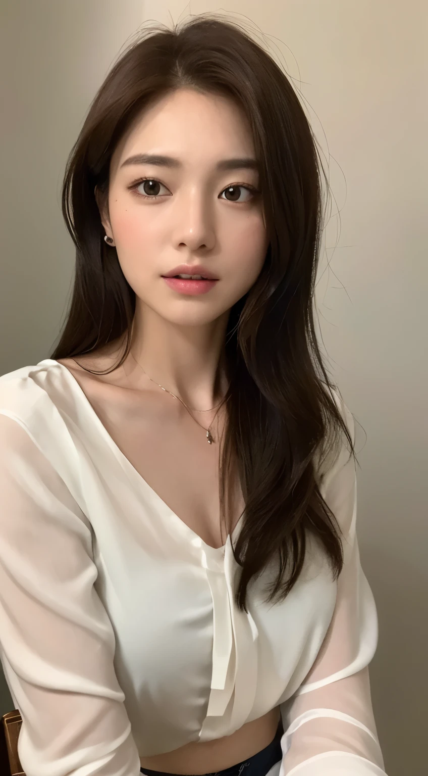 ((Realistic lighting, top quality, 8K, masterpiece: 1.3)), Clear focus: 1.2, 1 girl, Perfect body: 1.4, slim abs: 1.1, ((Dark brown hair)), (white blouse: 1.4), (external, night: 1.1), beauty salon, Super face slimming, narrow eyes, double eyelids, Chair, sitting
