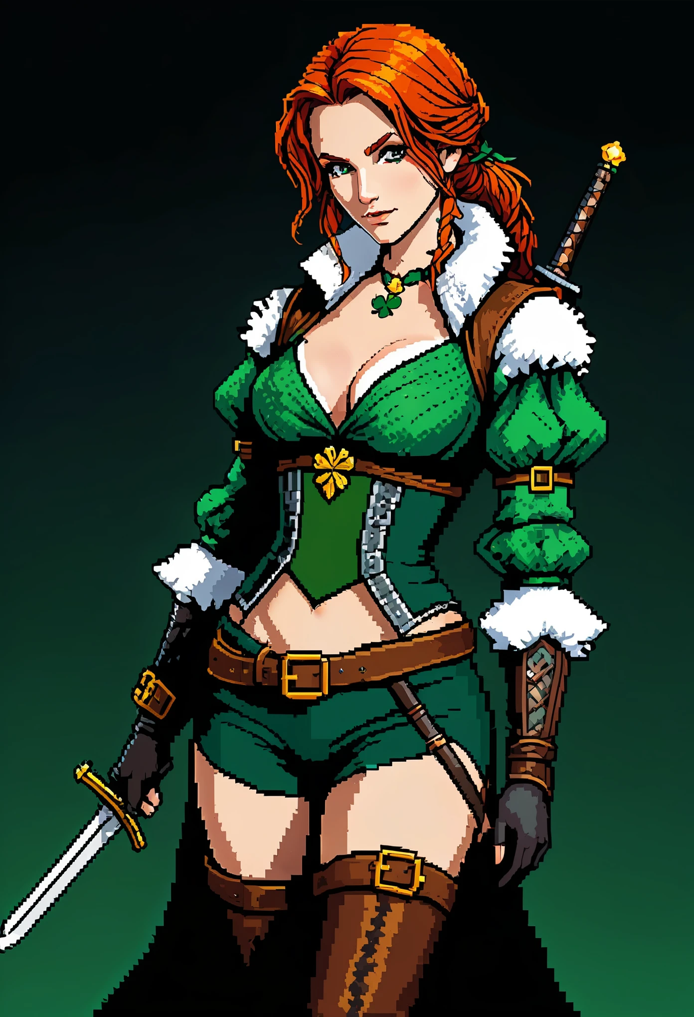 Pixel-Art, seductive assassin, Triss Merigold,  witcher game character,  St. Patrick's Day style, Pixelated, Leonardo Style, 