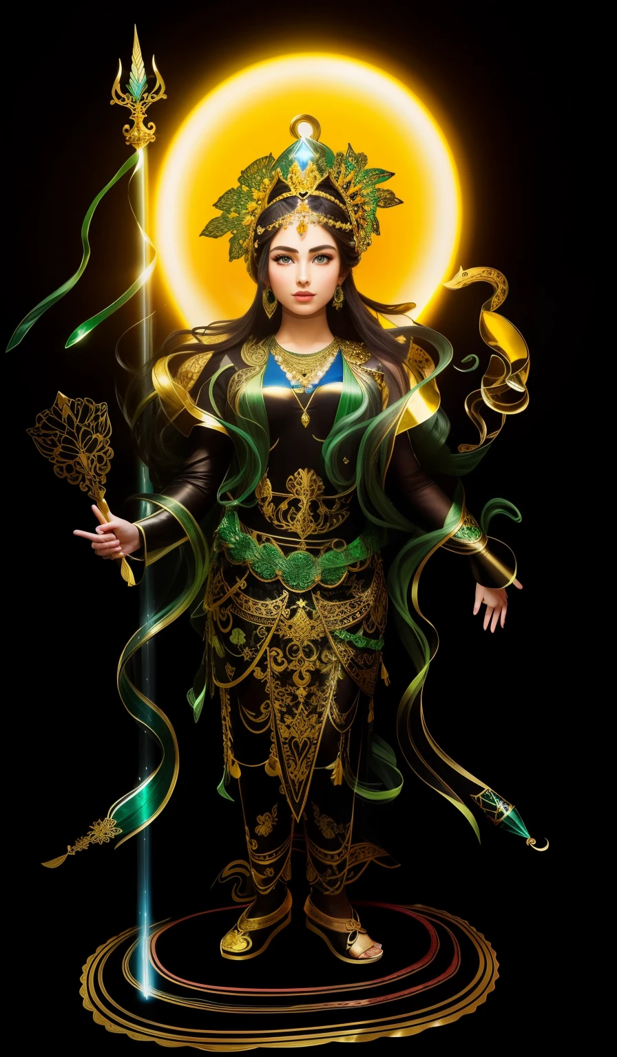 In the empty garden, beautiful ，Six years old，green skin，4 arms，trident，peacock lin，black snake in hand，There are 6 snakes on the head，The body is decorated with many black snakes，leopard skin apron，yellow skirt，White streamers，delicate and glowing skin，barefoot，（long curved eyebrows），beautiful瞳がキラキラと輝きます，big, Eyes like jewels shine brightly，Light is reflected in the transparent eyes，double eyelid，Silkworm lying down，look into the camera，（（plump and rosy lips）） clearly visible，（（My cheeks turned red）），The lower jaw is plump，green skinは繊細で滑らかです，Transparent and delicate skin，delicate and dexterous crown，inlaid gemstones，Delicate and skillfully set jewels，（yellow dress），Perfectly designed jewelry is exquisite，カメラをまっすぐ見つめるbeautiful目，(((nice hands)))，（（（（good feet））），（（（good legs））），realistic skin，（（correct body structure）），yellow costume，blue sky，round light head background，Behind him is a colorful rainbow ring，color glow is on，front light，positive light，There is no shadow on the face，There is no shadow on the body，blue sky，Unreal space，ether world，Dream world，blue sky and white cloudaster piece，4k，Super fine，professional photography，point of view upwards，Standard lens photography，