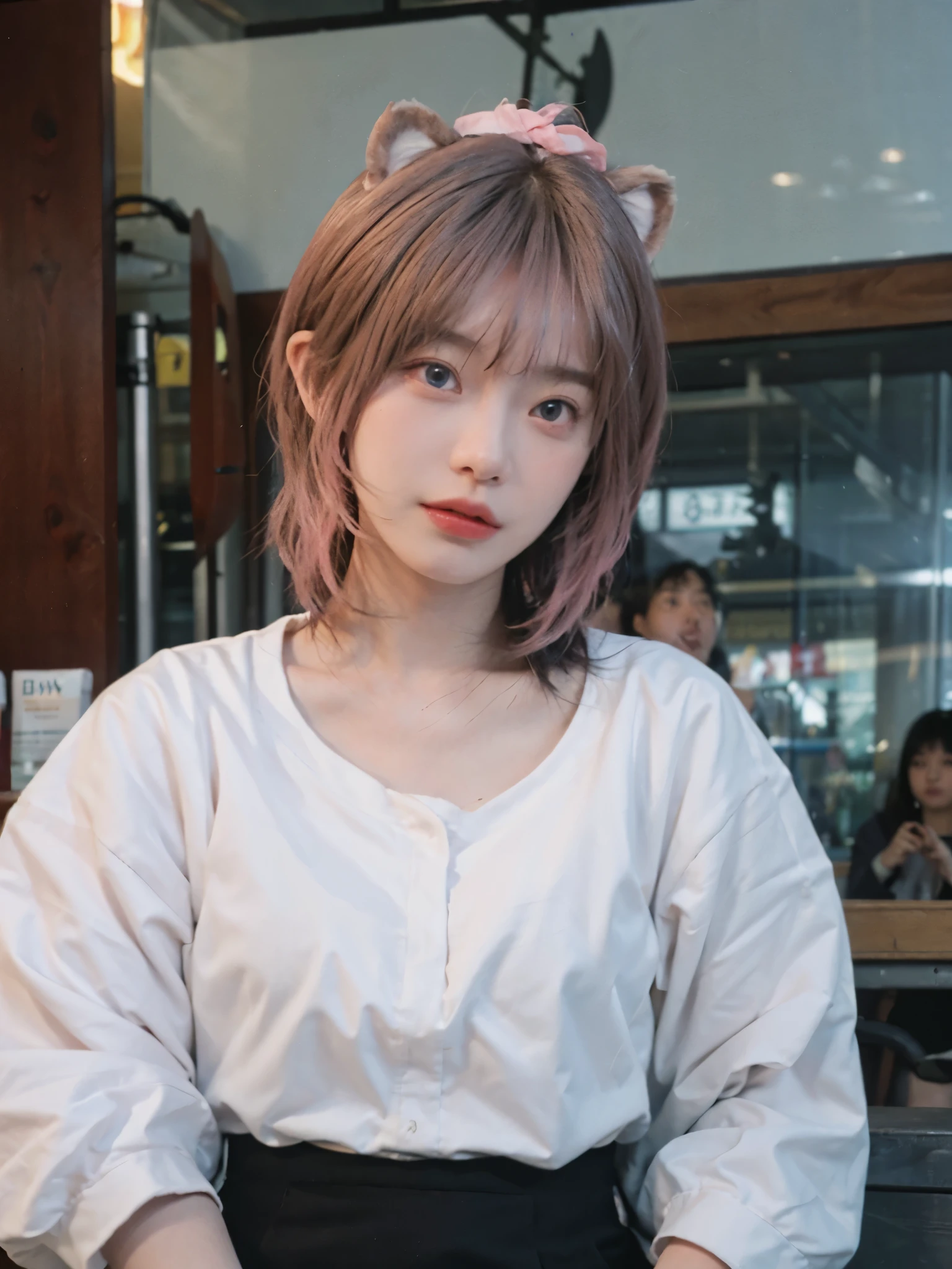 ski style, 1 girl, alone, pink hair, animal ears, blue eyes, wing, looking at the audience, Bangs, short hair, bow, Sailor collar, white Sailor collar, hair bow, pink bow, Keep your mouth shut, shirt, white shirt, bear ears, bob cut, mini wing, portrait, detached wing, cosmetics, Upper body, city in background