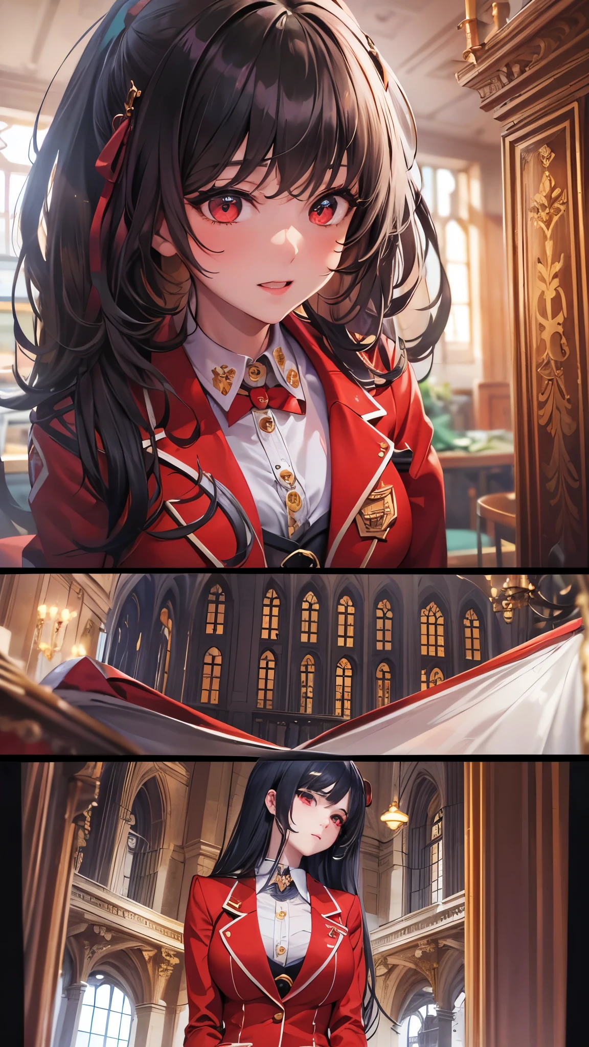 perfect anatomy, masterpiece:1.4, best quality, 8k, beautiful detailed grow, daydreaming expression, pov, looking up, (solo straight black hair long hair femdom cute girl, 17 yo, detailed red eyes, soft face, soft smile, sexy glossy mouth, bigboobs), in a red school blazer, skirt, in the enchanted room.