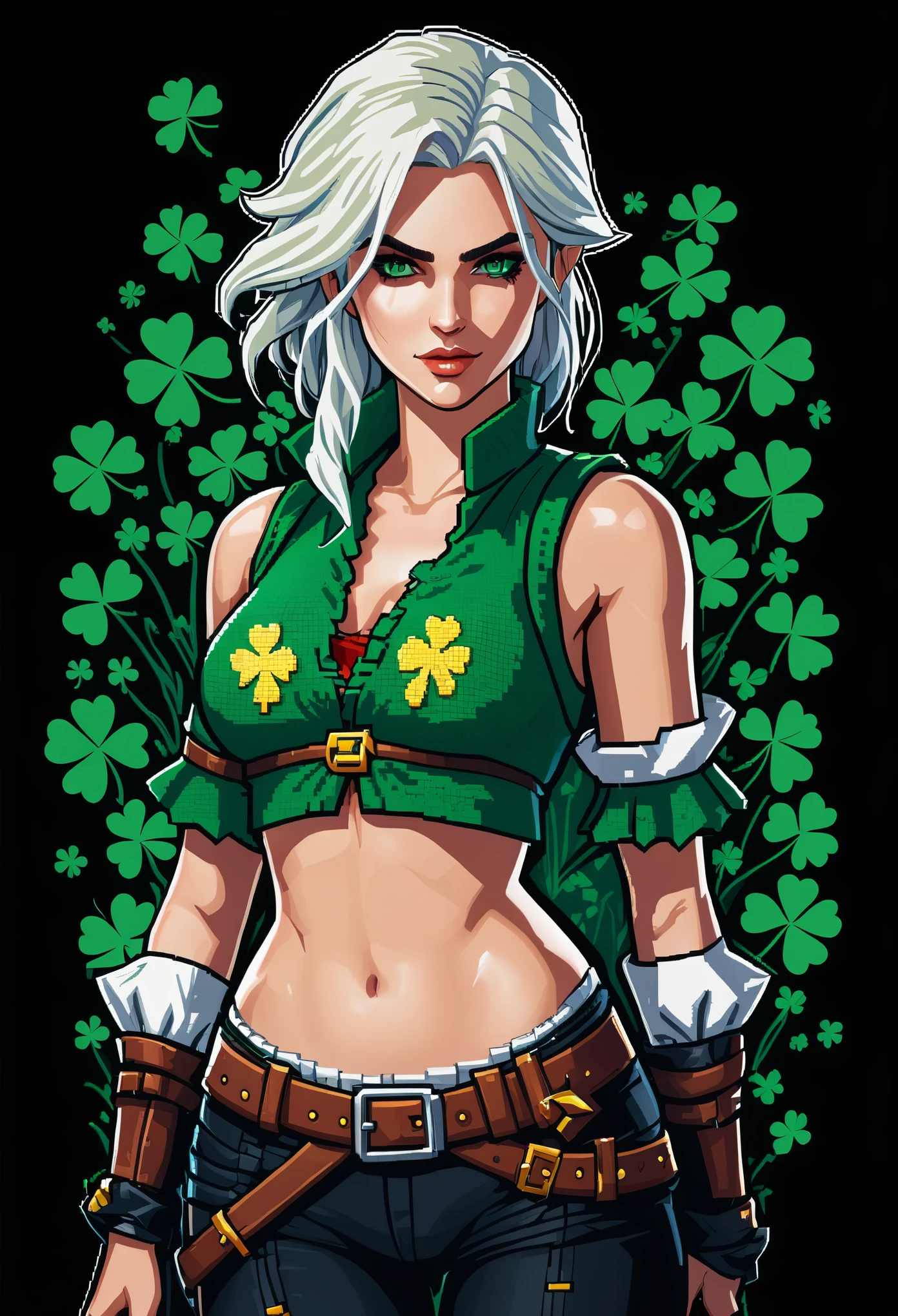 Pixel-Art, seductive assassin,Ciri, witcher game character, St. Patrick's Day style, Pixelated, Leonardo Style,