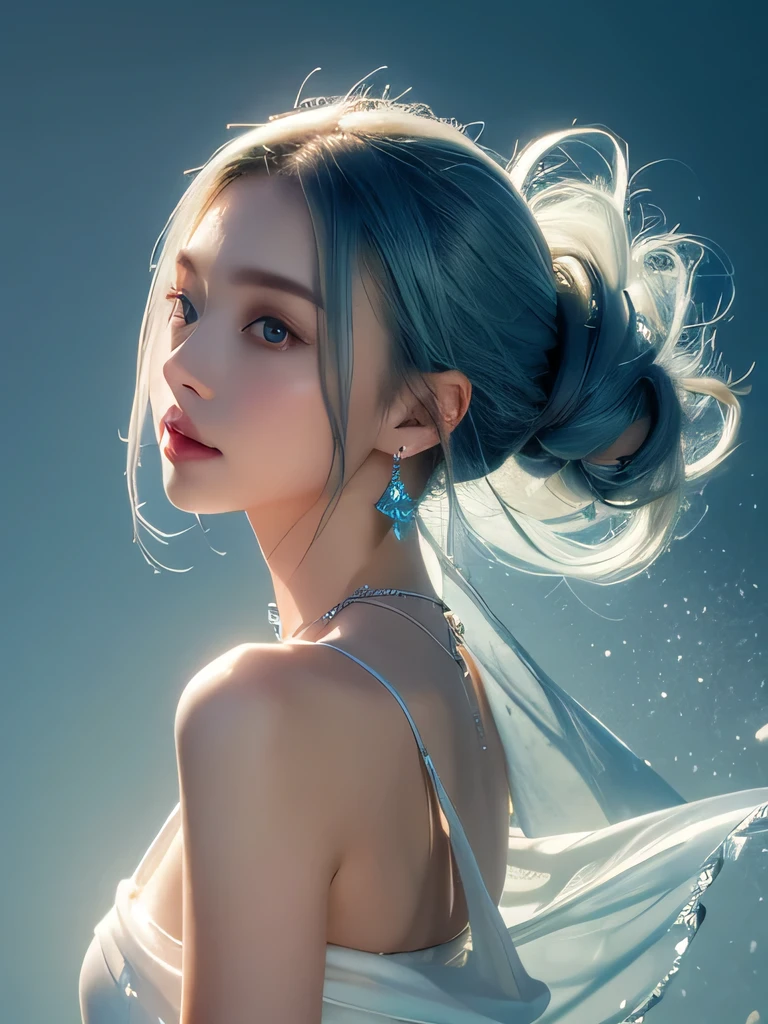 (masterpiece, highest quality:1.2), 8K, 85mm, Raw photo, confused, white and cyan theme, (liquid clothes, liquid dress:1.4), gray hair, gradient dress, delicate girl, Upper body, close your face, shiny skin, teen, looking at the viewer, HDR, sharp focus, particle, dusk sky, shiny skin, small eyes and face, colorful background, simple background、earrings、necklace、clavicle、straight long、straight perm、sky blue hair、underwater world、