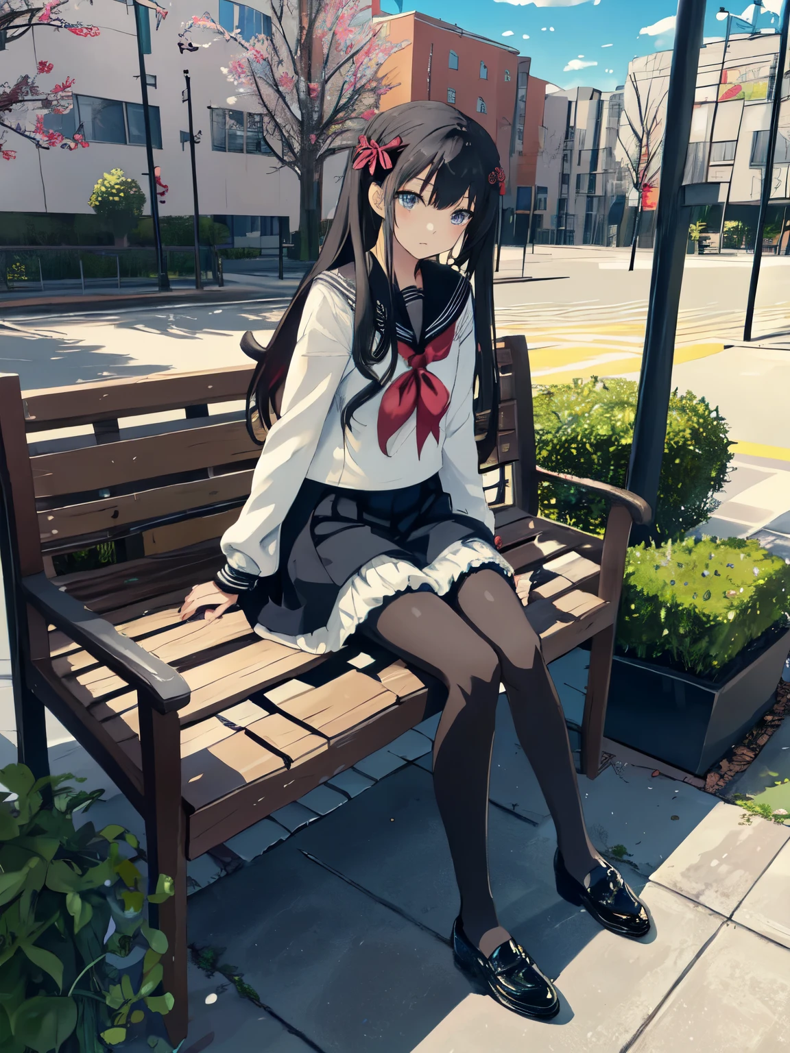 masterpiece, best quality, Very detailed, Ridiculous,1 girl,Exquisite facial features ,((Sefuku)), (black pantyhose), leg,institutional shoes, Black footwear,((cute pose)), hair accessories,sitting,lower body,