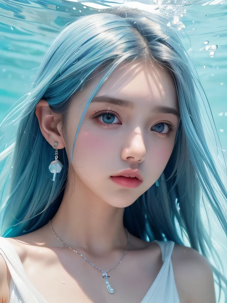(masterpiece, highest quality:1.2), 8K, 85mm, Raw photo, confused, white and cyan theme, (liquid clothes, liquid dress:1.4), gray hair, gradient dress, delicate girl, Upper body, close your face, shiny skin, , looking at the viewer, HDR, sharp focus, particle, dusk sky, shiny skin, small eyes and face, colorful background, simple background、earrings、necklace、clavicle、straight long、straight perm、sky blue hair、underwater world、