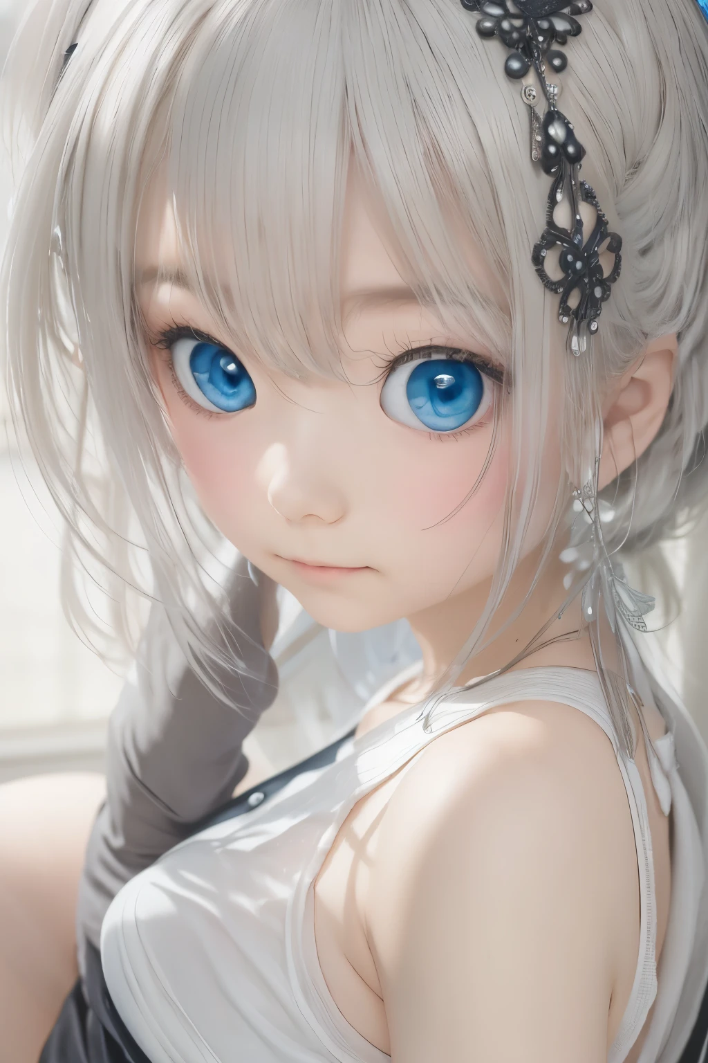 (((1 girl)),ray tracing,(dim lighting),[detailed background (living room)),((silver hair)),(silver hair)),((Fluffy silver hair, chubby and slender girl)) with a high ponytail))) Avoid golden eyes in the ominous living room ((((The girl is wearing a white opaque shirt, Black wrinkled skirt and black transparent stockings), Expressing a delicate, slender body and graceful curves, correct limbs, put your hands behind your head, put your hands behind your head, put your hands behind your head , eye details, beautiful eyes, delicate eyes, blue eyes