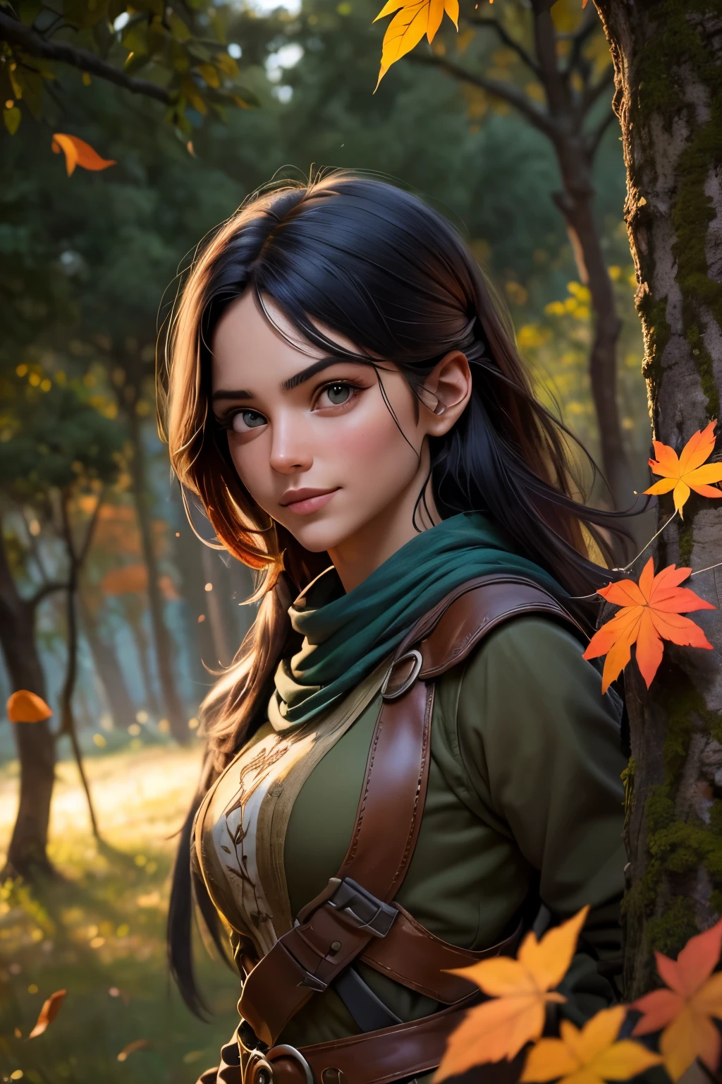 (Mejor calidad,4k,8K,high resolution,Obra maestra:1.2),ultra detallado,(realista,photorealista,photo-realista:1.37),Robin Hood femenino,pintura clasica,entorno forestal,gesto heroico,tiro al arco,green tunic,mysterious atmosphere,detailed facial expression,strong character protagonist,mirada profunda,arco y flecha de madera,thick forest trees,rayos de sol atravesando las hojas,beautiful lighting,action scene,caza salvaje,pelo trenzado intrincado,postura segura,humo que sale de las flechas que golpean objetivos,femenina pero poderosa,espiritu aventurero,cielo anochecer con tonos coloridos,Lush vegetation,entorno medieval,Silueta elegante,Sentido de la justicia,petirrojo petirrojo posado en una rama,tranquilo y decidido,tejados al fondo,zumbido de la cuerda de un arco,sigilo y agilidad,sonrisa malvada,colorful autumn leaves falling,flecha golpeando la diana,magic dust particles,brillo suave en la piel.