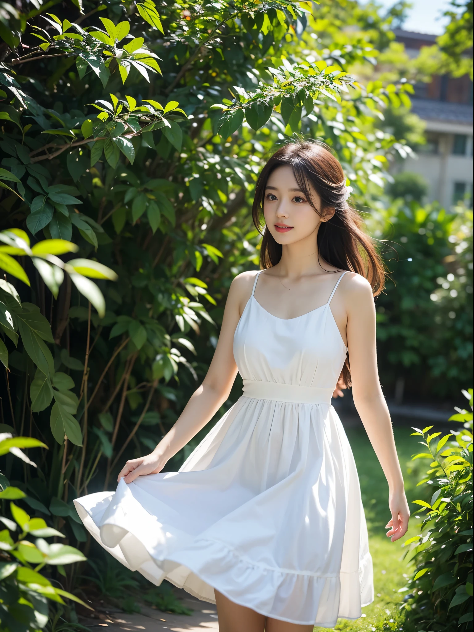 ,masterpiece, best quality,8k, ultra high definition,Real light and shadow,lens,(beautiful eyes:1.1), ((中景 the scene is,upper part of body)),dynamic poses,on a green meadow,The gentle goddess walks with gentle steps。She is wearing a white dress,A gentle breeze blew by,The skirt dances gently。The sun shines through the leaves on her hair,Reflecting her clear eyes and gentle smile。Colorful butterflies flutter around her,Flowers bloom at her fee as if nature is cheering for her。