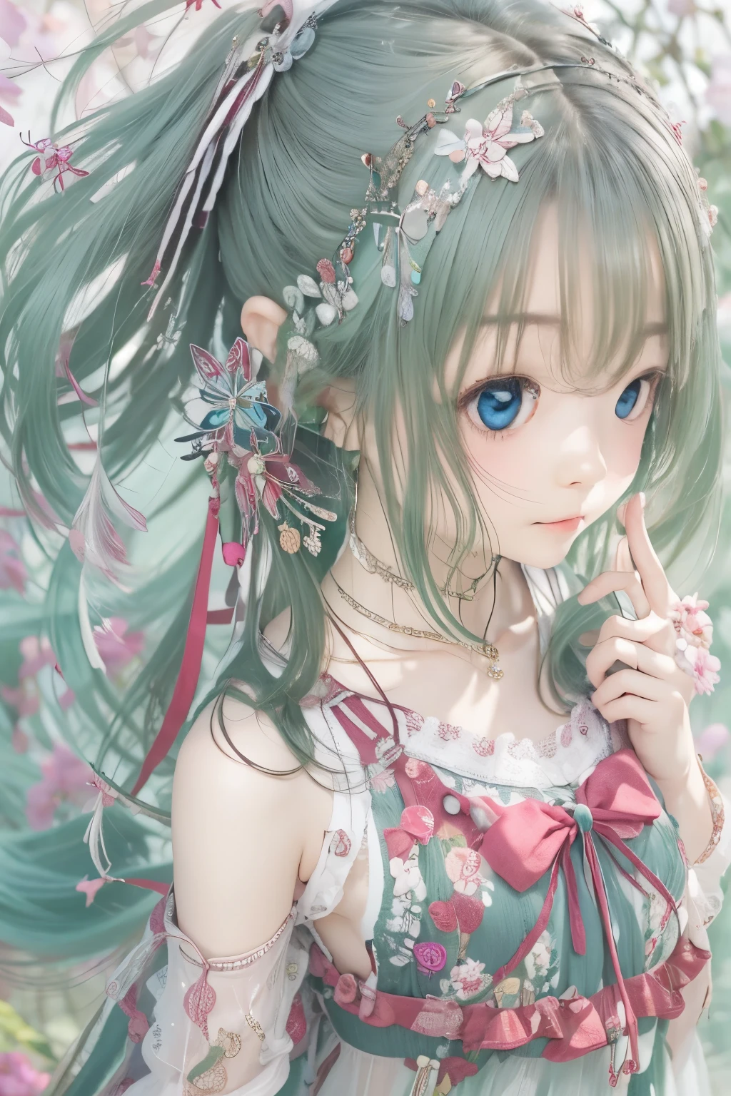 1 girl, alone, hair ornaments, green hair, twin tails, long hair, dress, water