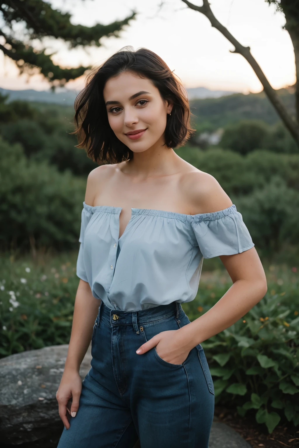 Behold the captivating image of a 25-year-old girl, her raven-black short hair cascading down her shoulders, framed by the picturesque scenery of a verdant valley. In this moment, she stands poised and stylish in a denim outfit, exuding confidence with a charming smile that lights up her beautiful face. Her eyes, as deep and alluring as the night sky, adorned with subtle sweet makeup, add to her ethereal beauty.
The scene is captured through a 35mm lens, creating a rich and photorealistic image. Soft focus lends an air of dreaminess to the image, while the beautiful lighting, inspired