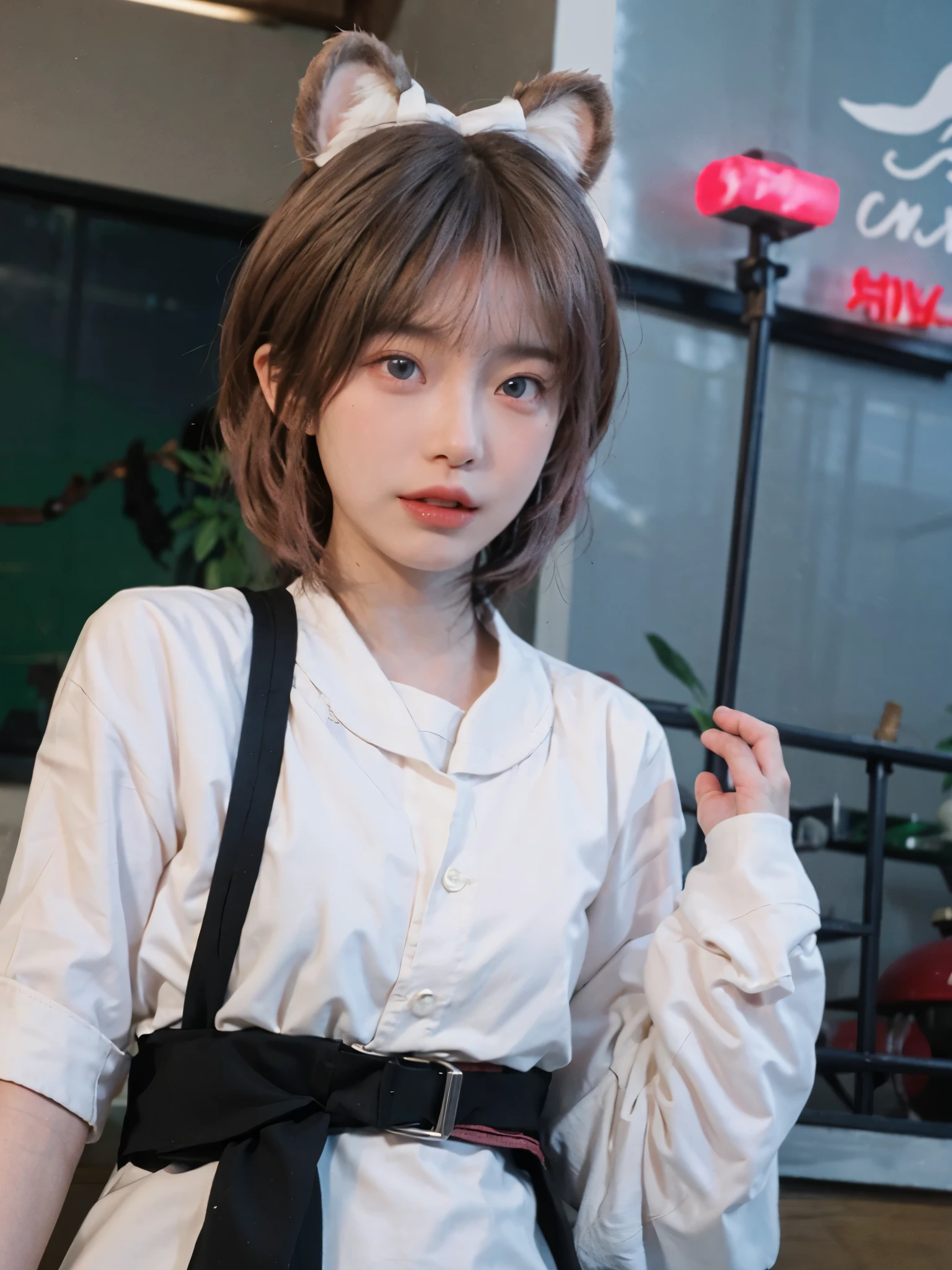 ski style, 1 girl, alone, pink hair, animal ears, blue eyes, wing, looking at the audience, Bangs, short hair, bow, Sailor collar, white Sailor collar, hair bow, pink bow, Keep your mouth shut, shirt, white shirt, bear ears, bob cut, mini wing, portrait, detached wing, cosmetics, Upper body, city in background