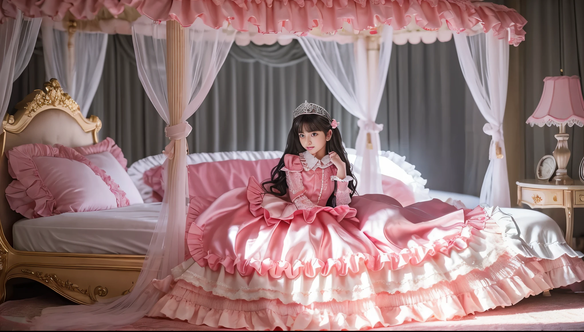 ,highest quality, masterpiece, highest resolution, artwork, super それにget used to it, many get used to it, get used to it, それにget used to it, 3K realistic photos,,(( girls)),Super detailed baby face,both arees,detailed luxury tiara,Full length ball gown dress with hoop skirt,ruffle yoke collar,Detailed braided ribbon at chest,puff sleeves,long sleeve,((lolita style hot pink princess satin dress、Comes with lots of frills and ribbons。)),crazy'colorful fashion,shiny silk satin dress,soft and smooth silk satin fabric,luxury,Very long blonde hair,blue eyes,white skin european,pajamas,((inside the palace)),Princess dancing happily,gorgeous flowing dress,fine white frills and lace,Super long hair that is as tall as your body,white long socks,drawers with lots of frills,castle bedroom at night,Super long flowing hair,on the bed,豪華な天蓋付きon the bed,巨大な広いon the bed,Pink pillow with lots of frills,Silk satin pink curtains with luxurious ruffles and ribbons surround the bed,princess sitting on bed,Pillows piled up behind the princess,Long hair scattered like a fan on the bed,(((Both legs are completely hidden inside the dress))),((((round futon)))),((((A large futon with frills that covers the entire bed)))),detailed comforter,Detailed bed sheets,