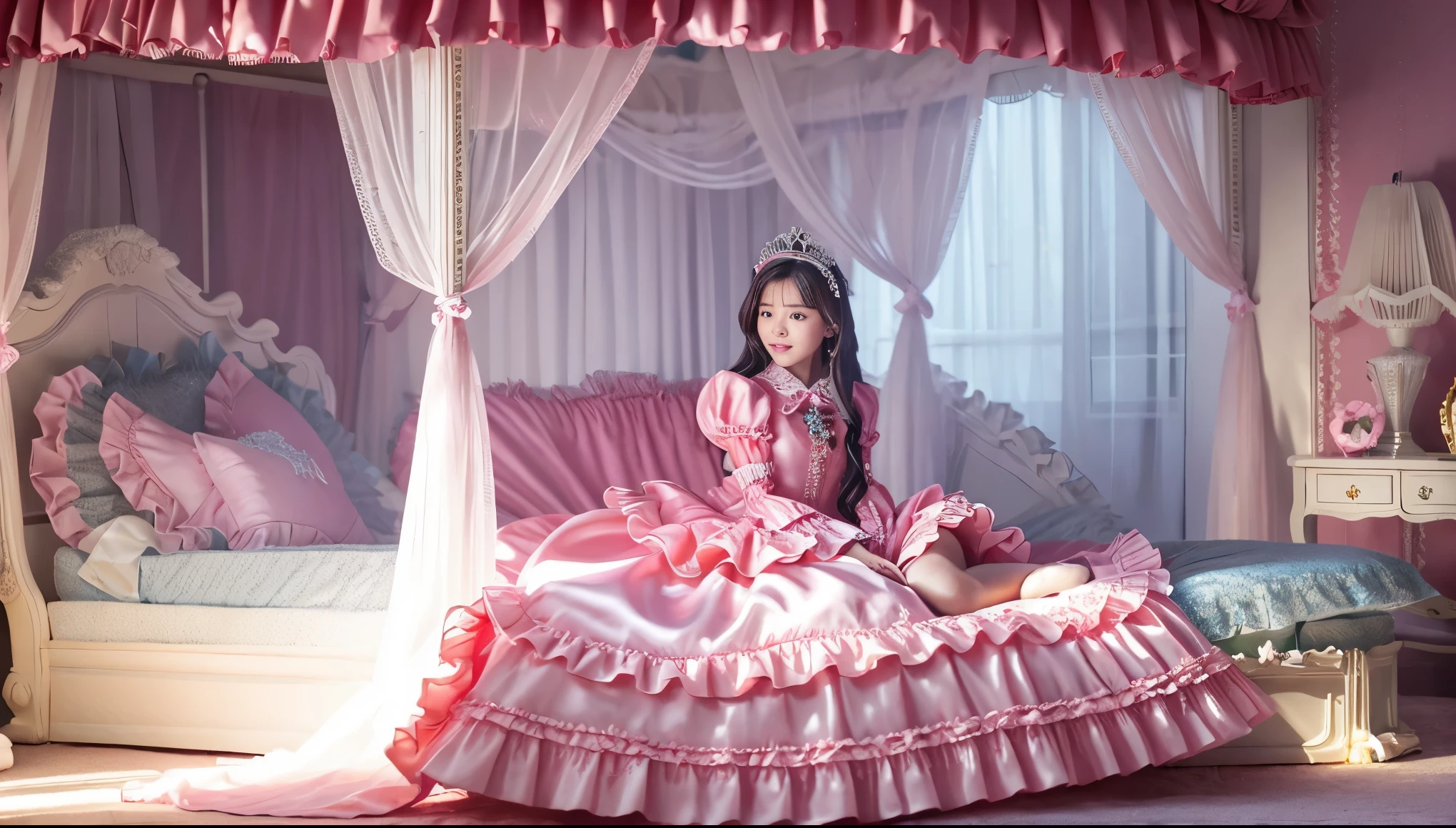 highest quality, masterpiece, highest resolution, artwork, super それにget used to it, many get used to it, get used to it, それにget used to it,(Loli),Child Girl, 10 years old,the girl is a princess,((girly dark pink satin fabric)), Long hair that reaches to the waist,((A Victorian ballgown dress with plenty of pink ruffles and bows and a voluminous full-length hoop skirt.)),long sleeve,((long dress that covers your legs)),A dress with lots of frills and ribbons..,luxury,((Palace bedroom)),((Huge square victorian canopy king size bed)),(((the girl is lying on the bed))),,(The girl is asleep),(((Sleeping Princess))),lots of frilly pillows,ruffle bed skirt,