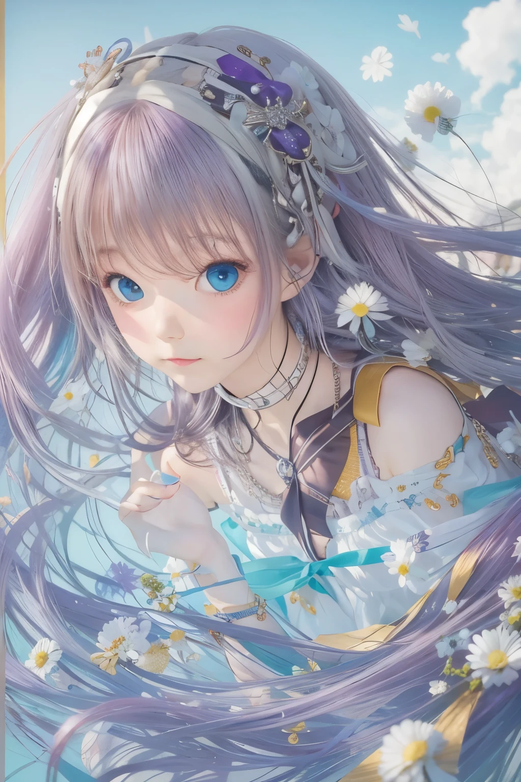 1.5),(1 girl),(dynamic pose),(multicoloredhead+silver hair:1.3+redhead:1.2+purple hair+yellow hair:1.3+green hair:1.3),(blue eyes),(neck ribbon),(floating),(cloud),(Too many droplets of water),(twilight),(watercolor),(wide shot)