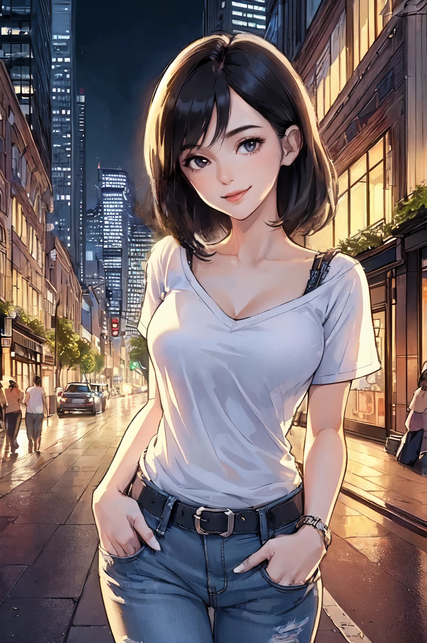 1lady solo, (strolling through city), (short white T-shirt:1.2) stylish (denim pants), mature female, /(black hair/), kind smile, (masterpiece best quality:1.2) delicate illustration ultra-detailed, large breasts, (hand in pocket) BREAK (luxurious downtown street) outdoors, night, cityscape, detailed background