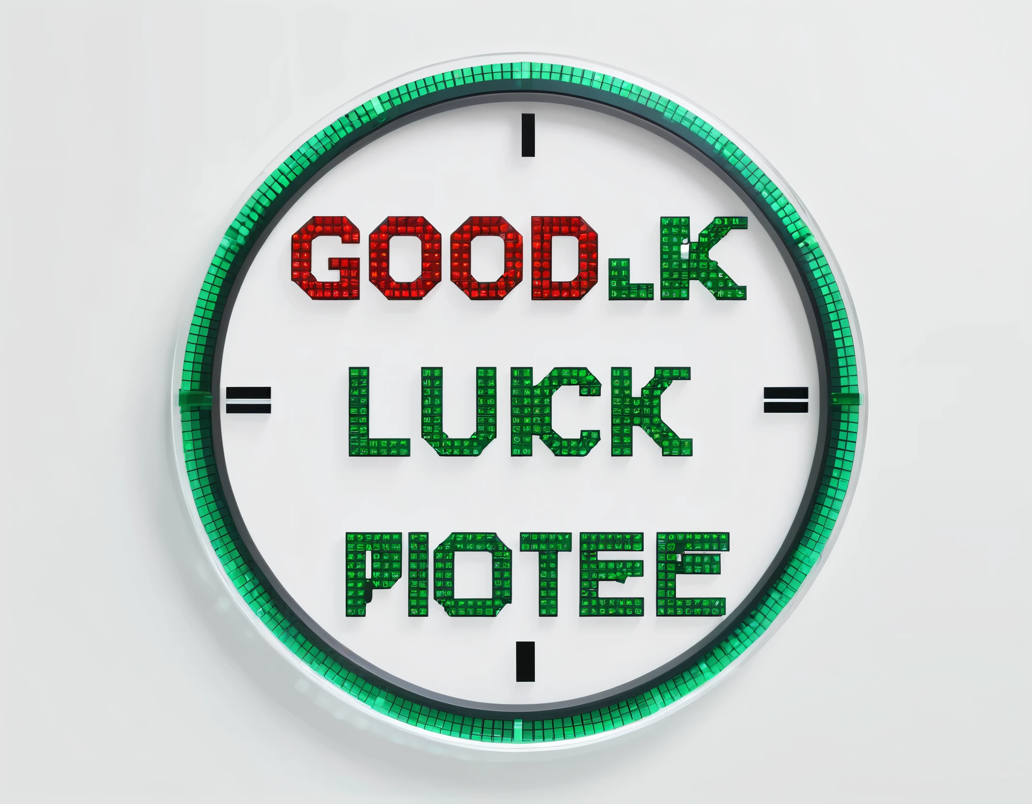 Pixel font，glass electronic clock（字母“good ”and“luck”），Pixel-style fonts derived from video games are &quot;restricted&quot; fonts，8X8 pixel monospaced font with the same character width，Usually, a stroke or projected pixel grid is added to the outermost circle of pixel letters.，Create natural separation and three-dimensionality，Transparent letters &quot;&quot;good luck&quot;&quot;，red and green letters &quot;good luck&quot;