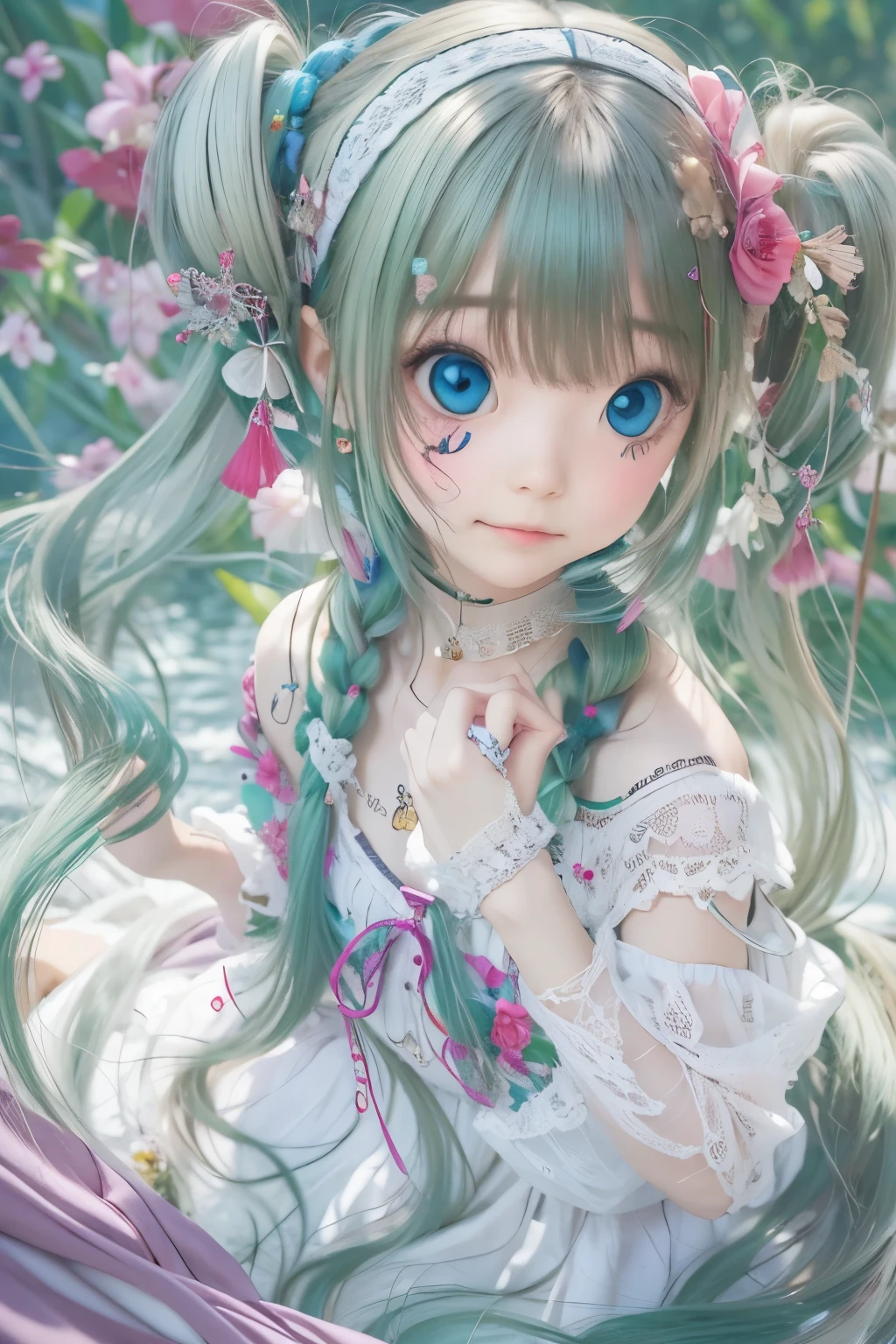 1 girl, alone, hair ornaments, green hair, twin tails, long hair, dress, water