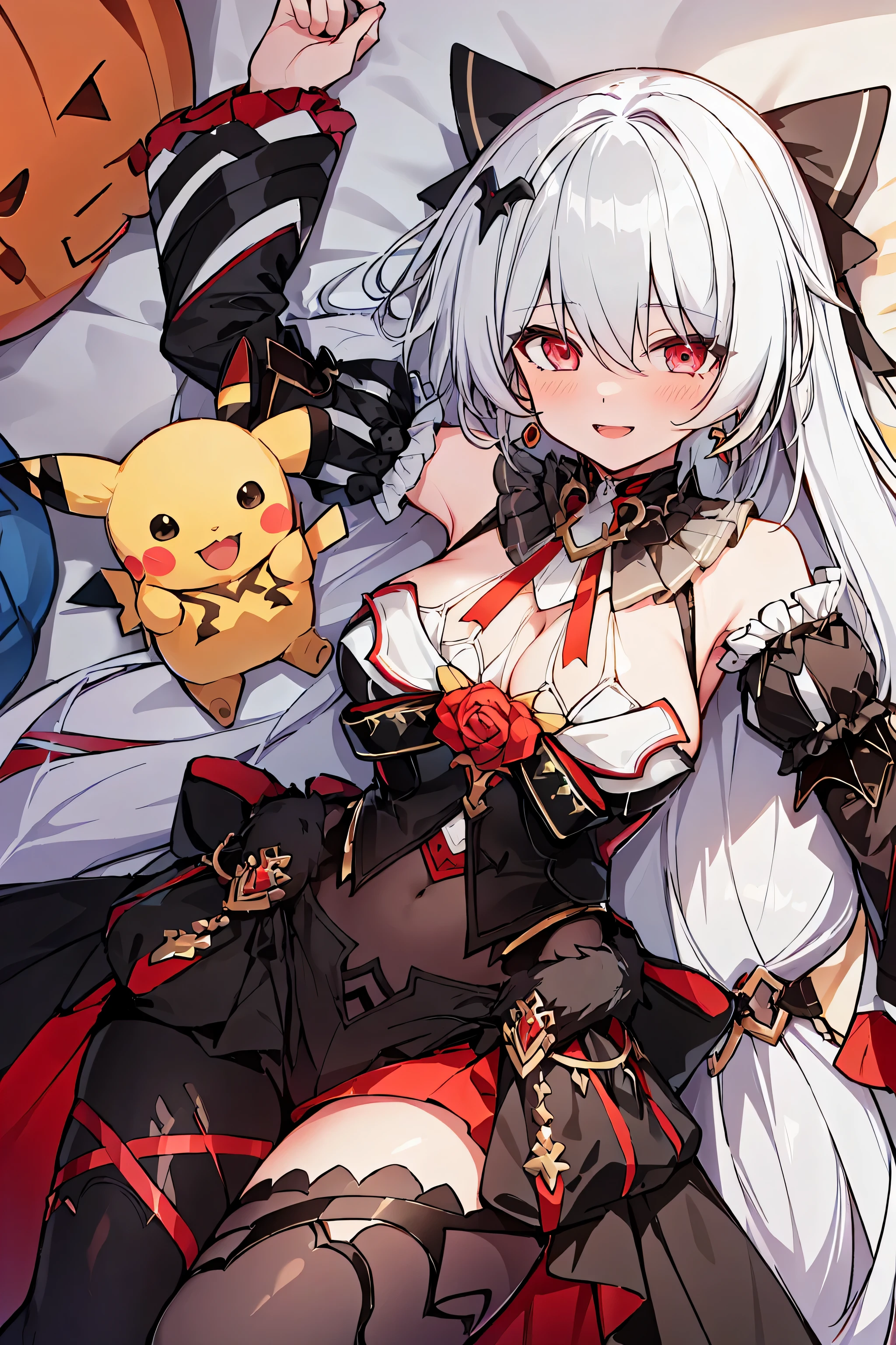 chick, stuffed_toy, stuffed_animal, stuffed_cat, hamster, teddy_bear, cat, bird, pokemon, kero, pumpkin, Pikachu, jack-o'-lantern, bear, Kamado_Nezuko, 1girl,  simple cats, simplecats
shiyue,  red eyes,  breasts,  long hair,  cleavage,  black dress,  white hair,  thighhighs,  hair ornament,  bare shoulders,  detached sleeves,  jewelry,  earrings, bed, laying in bed, looking at viewer, smile, open mouth, Lying with open arms, spread arm, mature girl, mature 