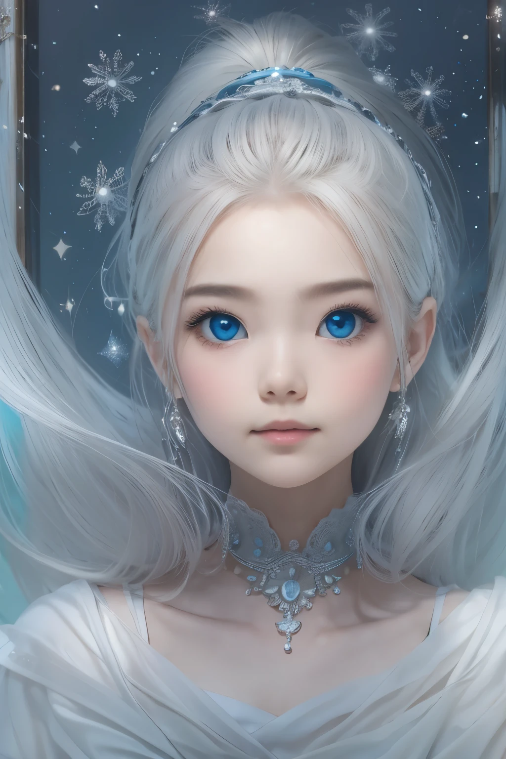 masterpiece, (highest quality: 1.2), (super fine: 1.2), figure, (very delicate and beautiful: 1.2), film angle, floating, (beautiful detail eyes: 1.1), (detail light: 1.1), film light, delicate sky, woman, gray hair, blue eyes, (high ponytail: 1.1), cloak, shining eyeoon: 1.2), (moonlight: 1.1), starry sky, (particles of light: 1.1), fog , snow painting, sketch, bloom