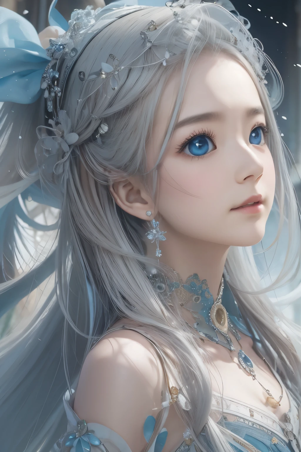 masterpiece, (highest quality: 1.2), (super fine: 1.2), figure, (very delicate and beautiful: 1.2), film angle, floating, (beautiful detail eyes: 1.1), (detail light: 1.1), film light, delicate sky, woman, gray hair, blue eyes, (high ponytail: 1.1), cloak, shining eyeoon: 1.2), (moonlight: 1.1), starry sky, (particles of light: 1.1), fog , snow painting, sketch, bloom