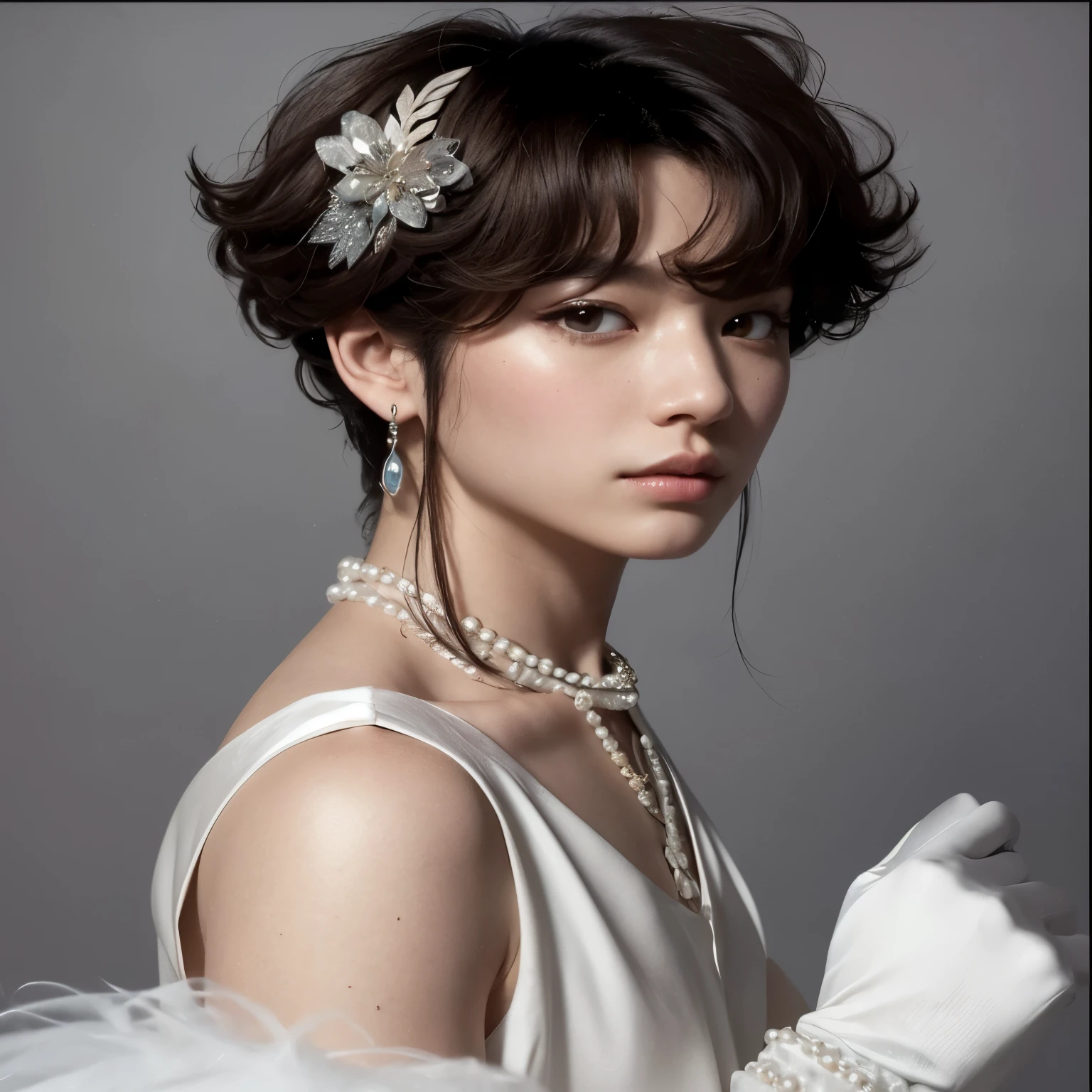 mulher arafa em um vestido branco com uma peruca perolada, com cabelo curto, taejune kim, Heonhwa Choe, delicate androgynous prince, Jinna Zhang, Kim Hyun Joo, retrato editorial, por Ayami Kojima, julia sarda, por Hiro Yamagata, Jinyoung Shin, handsome androgynous prince, symetrical japanese pearl