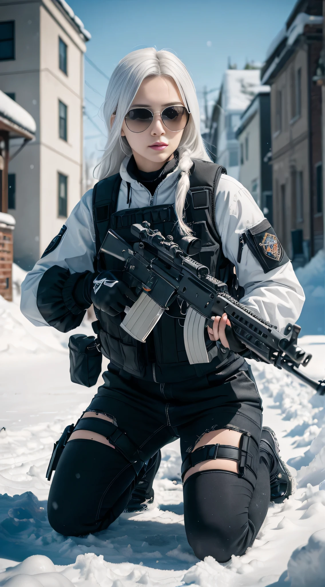 ((Best quality)), (Masterpiece), Photorealistic, Photorealism, 1 girl kneeling and aiming with an AK-47 assault rifle, Photorealistic, high resolution,Snow background, looking to the camera, (Detailed face), White hair, SWAT vests, Gun, jewelry,Black gloves, sunglasses on head, Fingers are occluded, medium breast