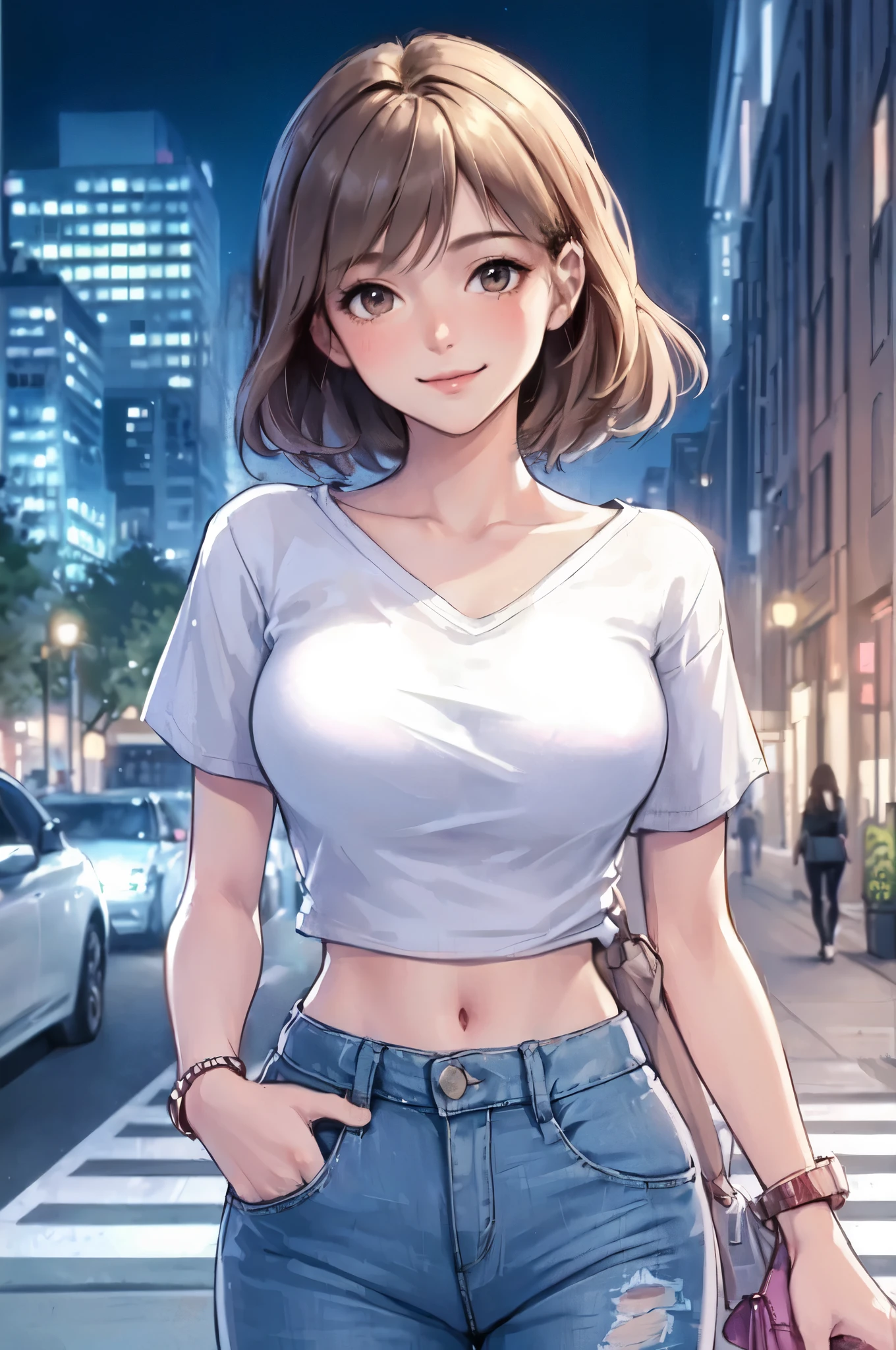 1lady solo, (strolling through city), (short white T-shirt:1.2) stylish (denim pants), mature female, /(beige brown hair/), blush kind smile, (masterpiece best quality:1.2) delicate illustration ultra-detailed, large breasts, (hand in pocket) BREAK (holding designer's bag) BREAK (luxurious downtown street) outdoors, night, cityscape, detailed background