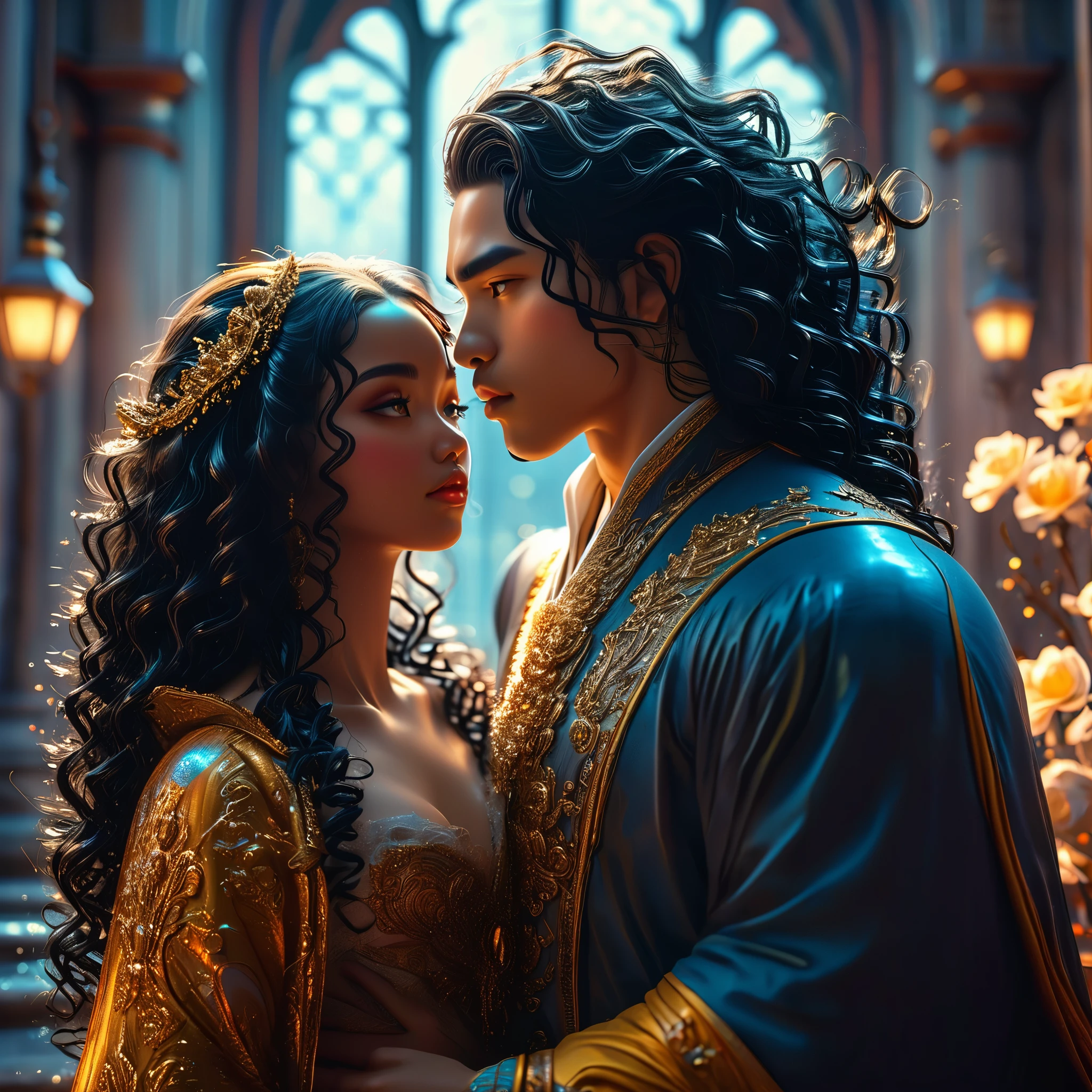 Novel in celestial landscape, a dark dangerous young darkskin couple with (((a long black hair young judge))) with (((a young imperial dangerous warrior with long black curly hair))), ennemies, fight, very beautiful, perfect faces, whole body, romantic scene, romantic Way, sexy couple, 8K, extremely detailed, (high quality, realistic, photorealistic: 1.37),ideal proportions and defined complexion, meticulously crafted features, unreachable beauty, perfection, artistic masterpieces, vivid realism, hyper-detailed sculptures, life-like forms, truly awe-inspiring, impeccable craftsmanship, pure radiance, ethereal beauty, delicate contours, striking poses, sublime beauty, subtle nuances, dynamic compositions, vibrant colors, perfect lighting, soulful expressions, dark aura, majestic presence, dreamlike atmosphere, unmatched gdetailed octane render trending on artstation, 8 k artistic photography, photorealistic concept art, soft natural volumetric cinematic perfect light, chiaroscuro, award - winning photograph, masterpiece, beautiful detailed intricate insanely