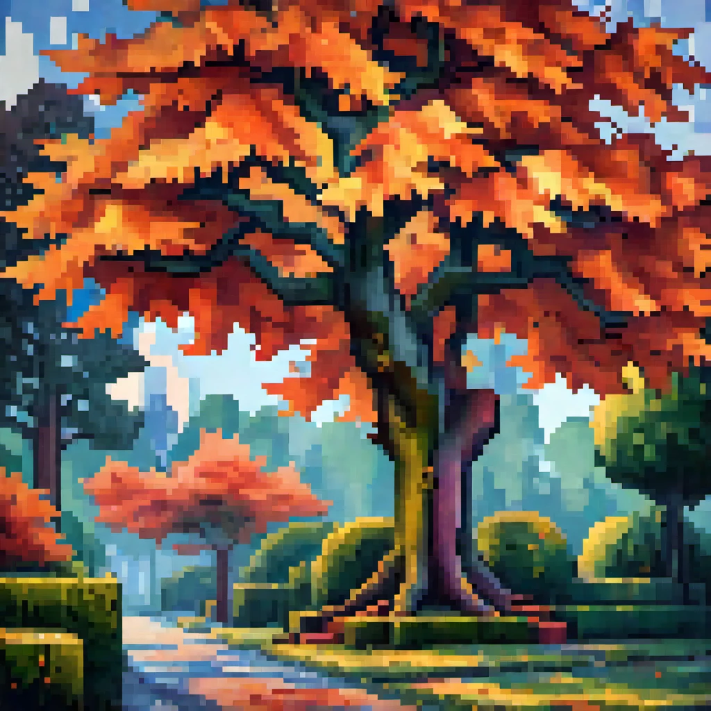 Pixel Art, pixel art maple tree, cubist painting, Neo-Cubism, layered overlapping geometry, art deco painting, Dribbble, geometric fauvism, layered geometric vector art, maximalism; V-Ray, Unreal Engine 5, angular oil painting, DeviantArt