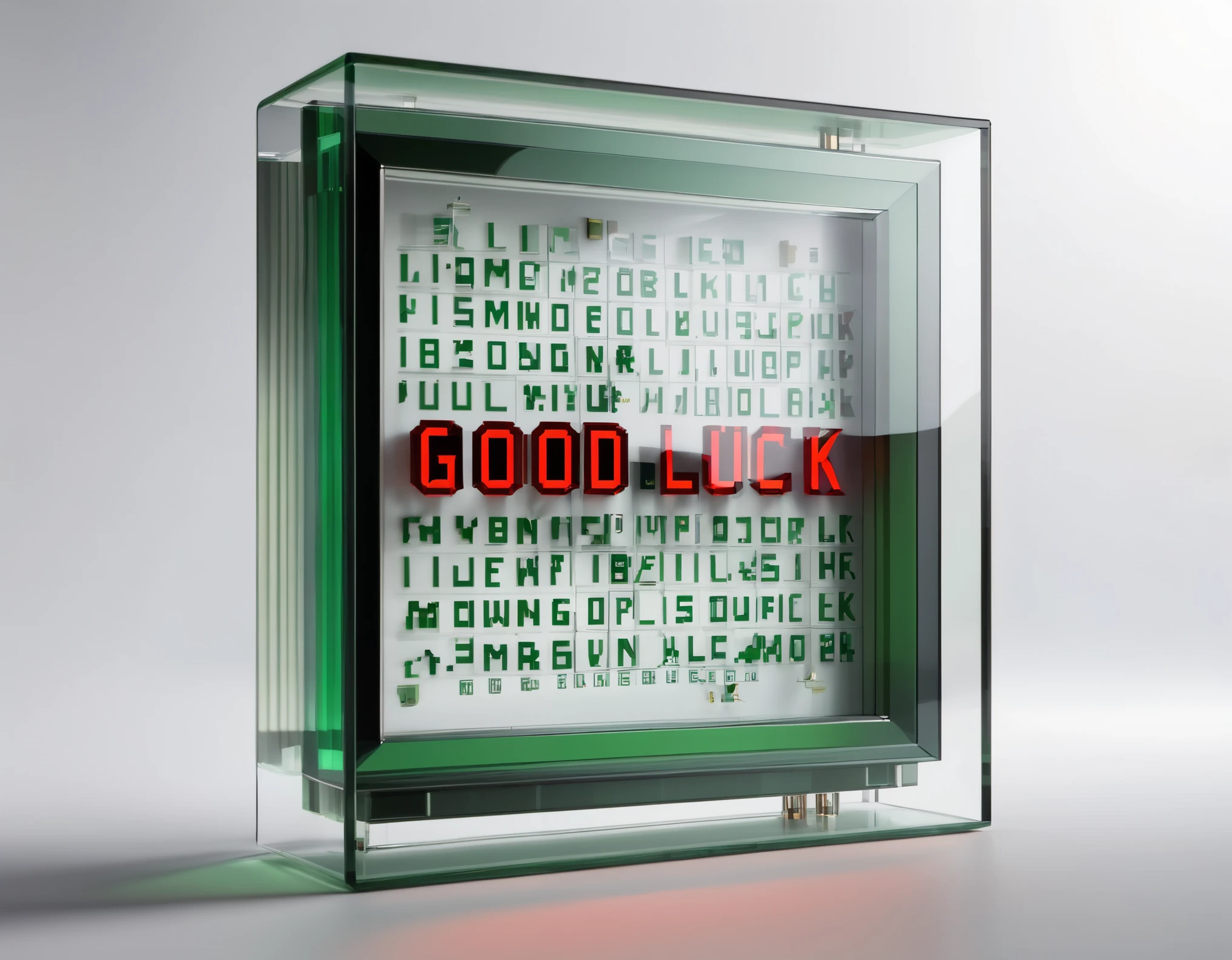 (best quality,highres,ultra-detailed),pixelated glass electronic clock with the words "good luck". The pixel art font on the clock is reminiscent of old-school video games, featuring a restricted set of characters in an 8x8 pixel grid with equal width for each character. The pixels of the letters have a border or shadow, which creates a natural spacing and a sense of depth. The letters "good luck" are transparent, allowing the background to show through. The letters are in red and green colors, representing the words "good luck".