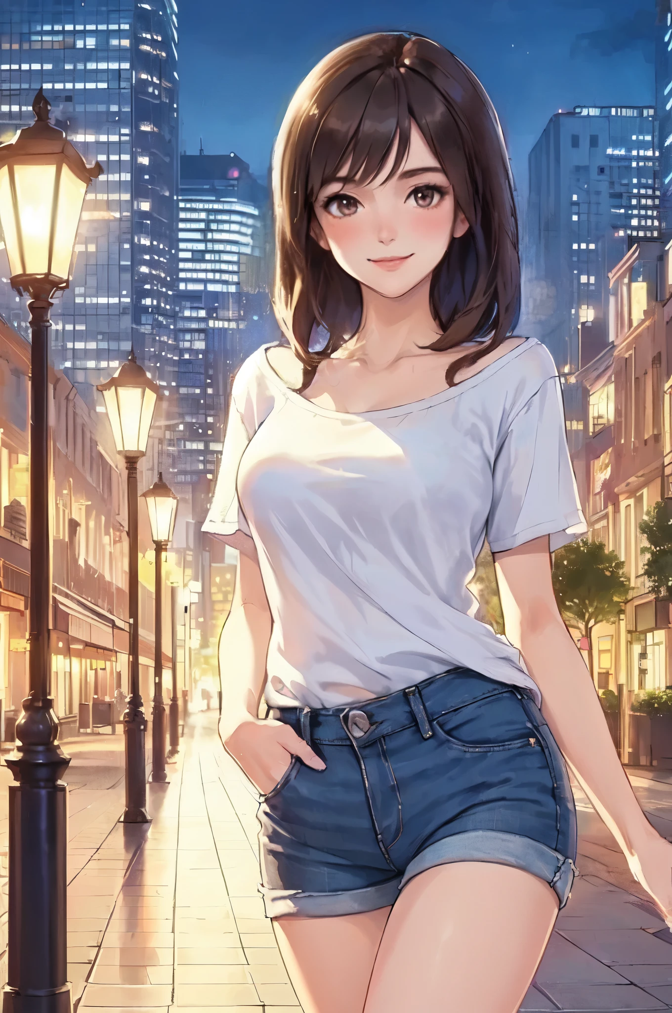 1lady solo, (strolling through city), (short white T-shirt:1.2) stylish (denim pants), mature female, /(dark brown hair/), blush kind smile, (masterpiece best quality:1.2) delicate illustration ultra-detailed, large breasts, (hand in pocket) BREAK (luxurious downtown street) outdoors, night, cityscape, detailed background